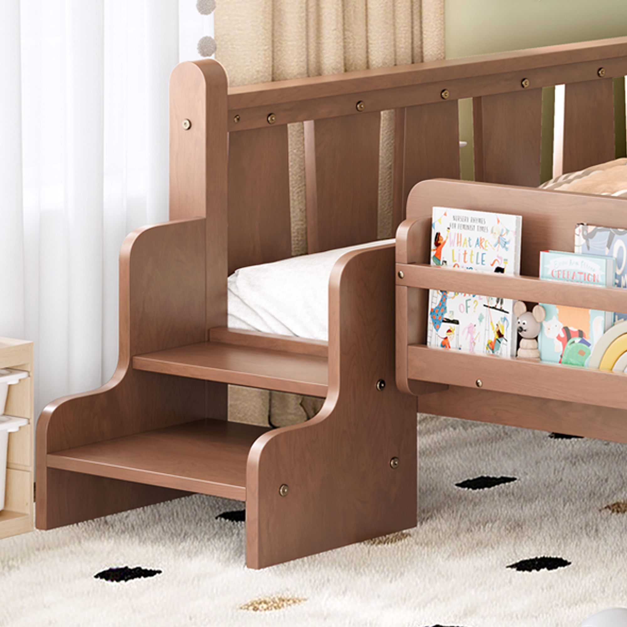 Full Size Floor Bed with Storage Bookcases, Solid Wood Kids Floor Bed with Cute Stairs and Guardrails, No Box Spring Needed, Natural - Image 5