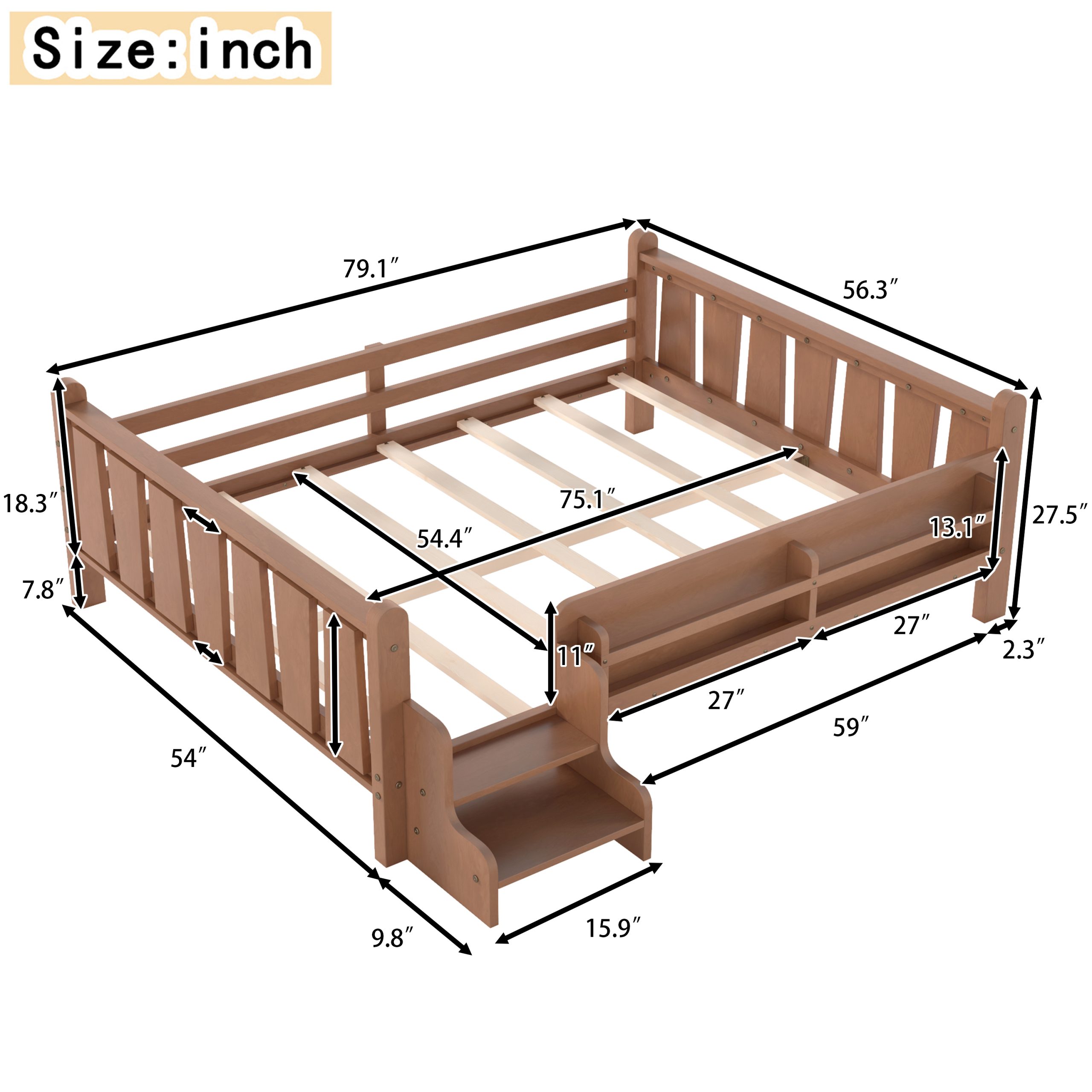 Full Size Floor Bed with Storage Bookcases, Solid Wood Kids Floor Bed with Cute Stairs and Guardrails, No Box Spring Needed, Natural - Image 6