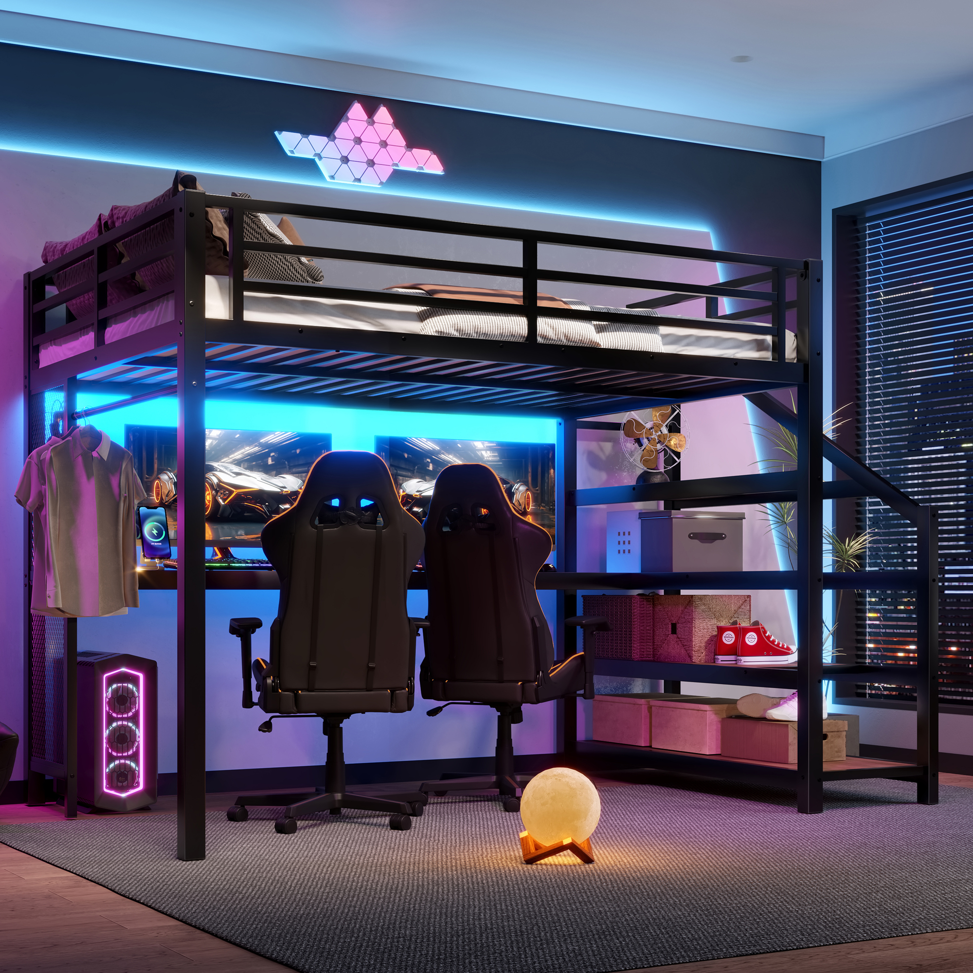 Full Loft Bed with Desk and Storage Stairs, Metal Loft Beds with LED Lights, USB Ports, Multifunctional Iron Nets, No Spring Box Needed and Noise-free, Black - Image 2