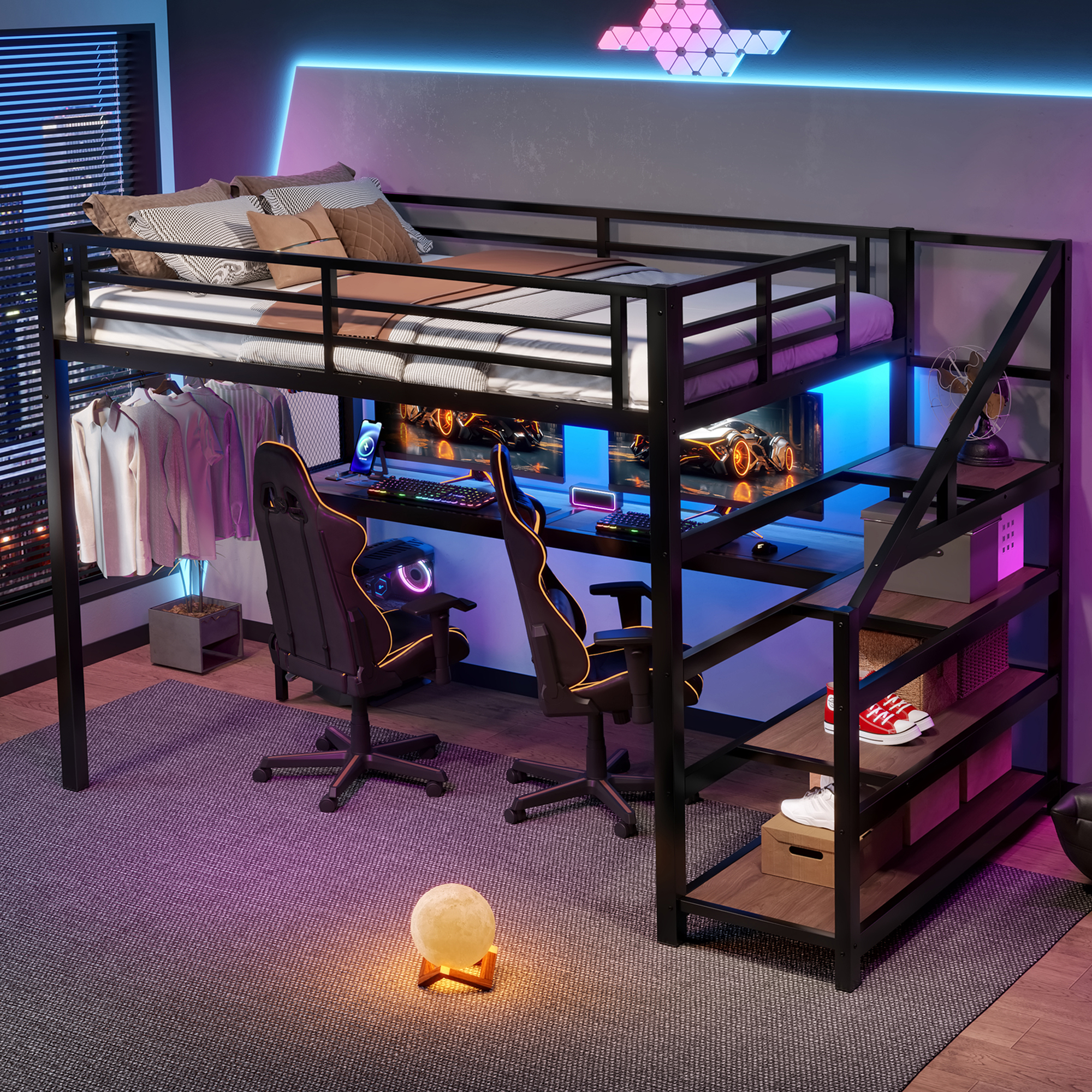 Full Loft Bed with Desk and Storage Stairs, Metal Loft Beds with LED Lights, USB Ports, Multifunctional Iron Nets, No Spring Box Needed and Noise-free, Black - Image 3