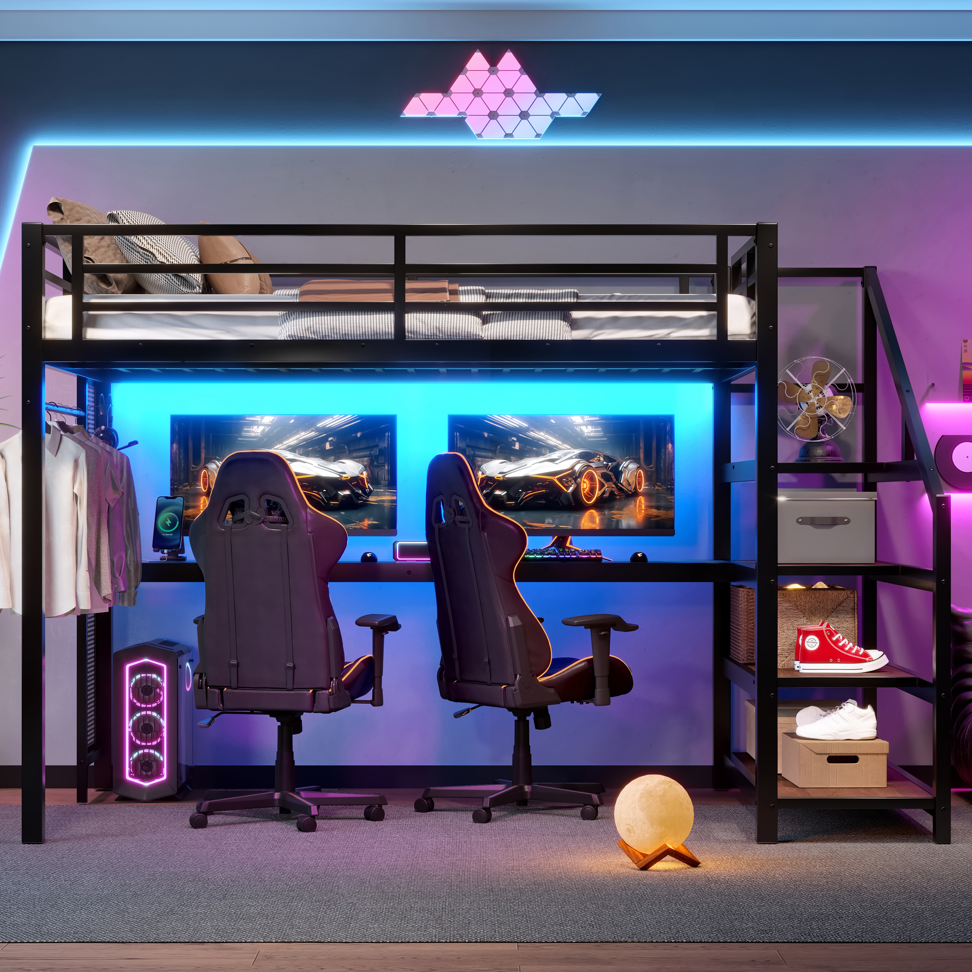 Full Loft Bed with Desk and Storage Stairs, Metal Loft Beds with LED Lights, USB Ports, Multifunctional Iron Nets, No Spring Box Needed and Noise-free, Black - Image 4