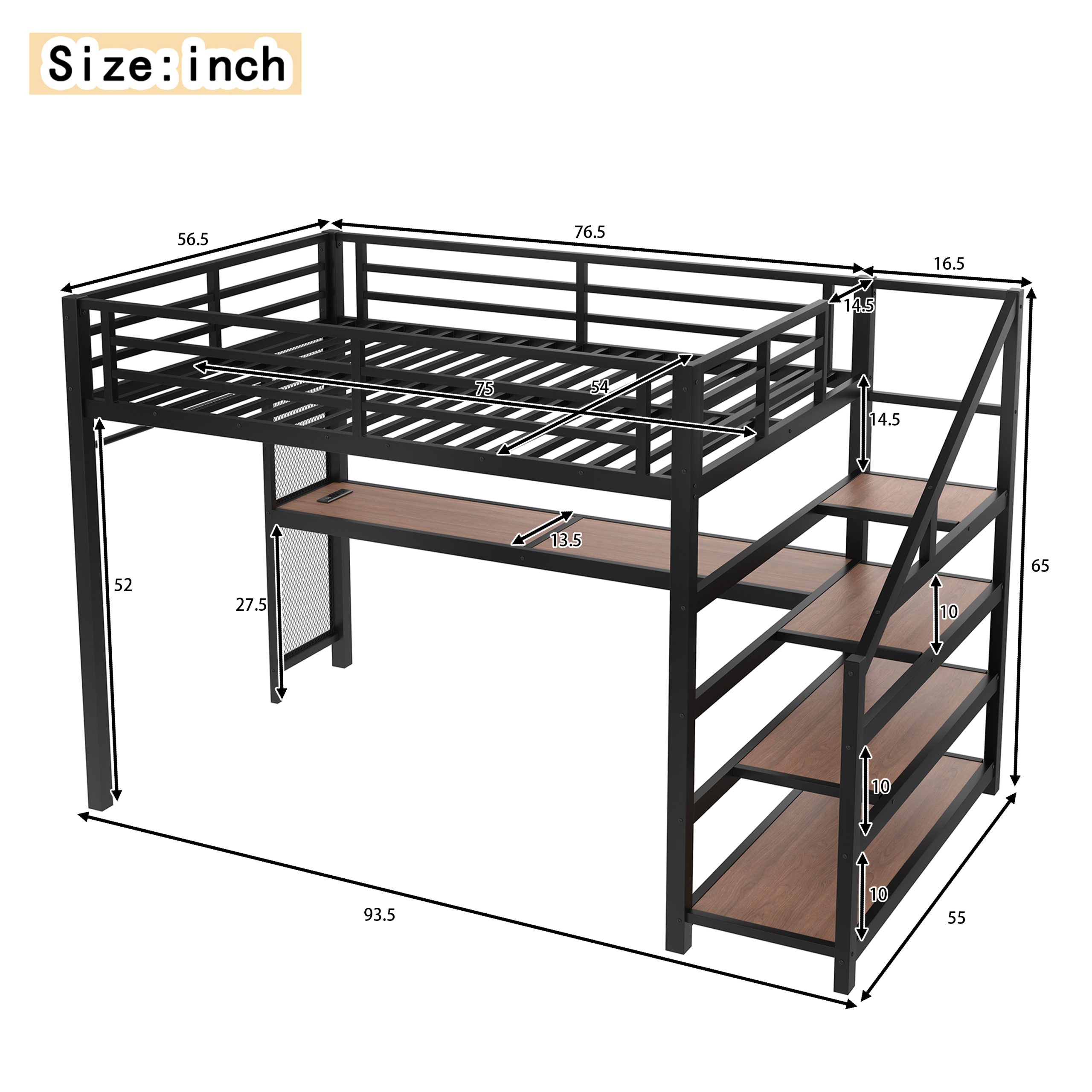Full Loft Bed with Desk and Storage Stairs, Metal Loft Beds with LED Lights, USB Ports, Multifunctional Iron Nets, No Spring Box Needed and Noise-free, Black - Image 5