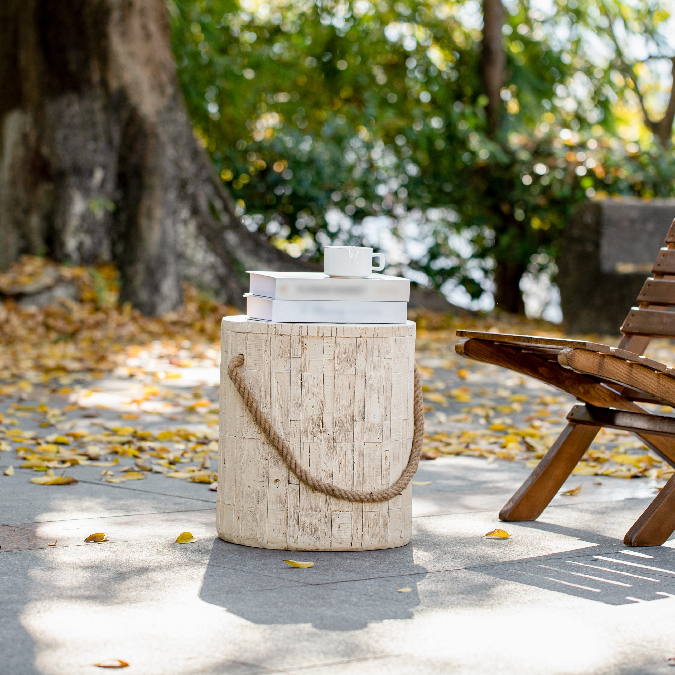 Outdoor Wood Grain Rustic MGO Side Table with Realistic Wood Vibe & Simulated Braided Cord – Indoor End Table for Home, Office, Living Room & Outdoor Decor - Image 2