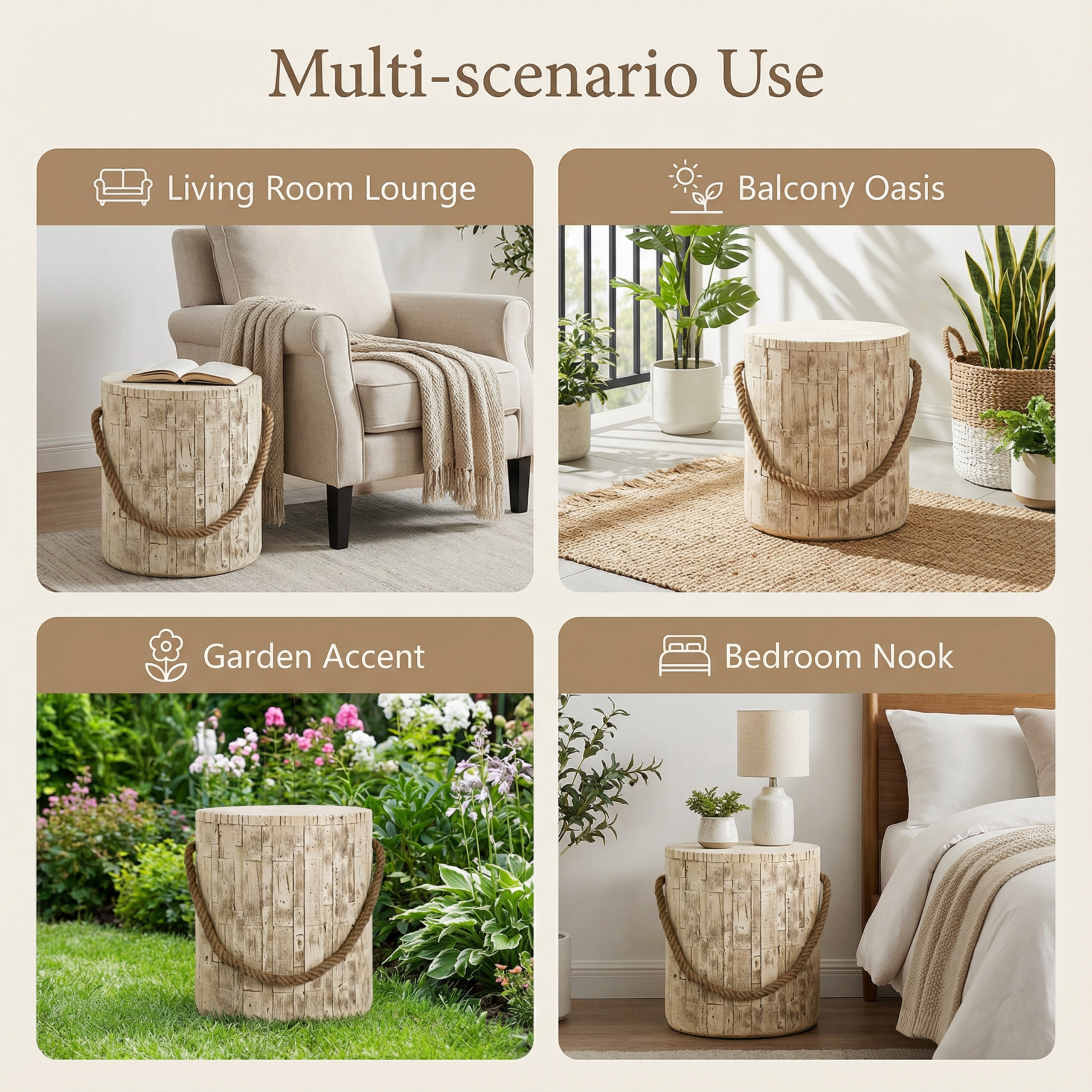 Outdoor Wood Grain Rustic MGO Side Table with Realistic Wood Vibe & Simulated Braided Cord – Indoor End Table for Home, Office, Living Room & Outdoor Decor - Image 4