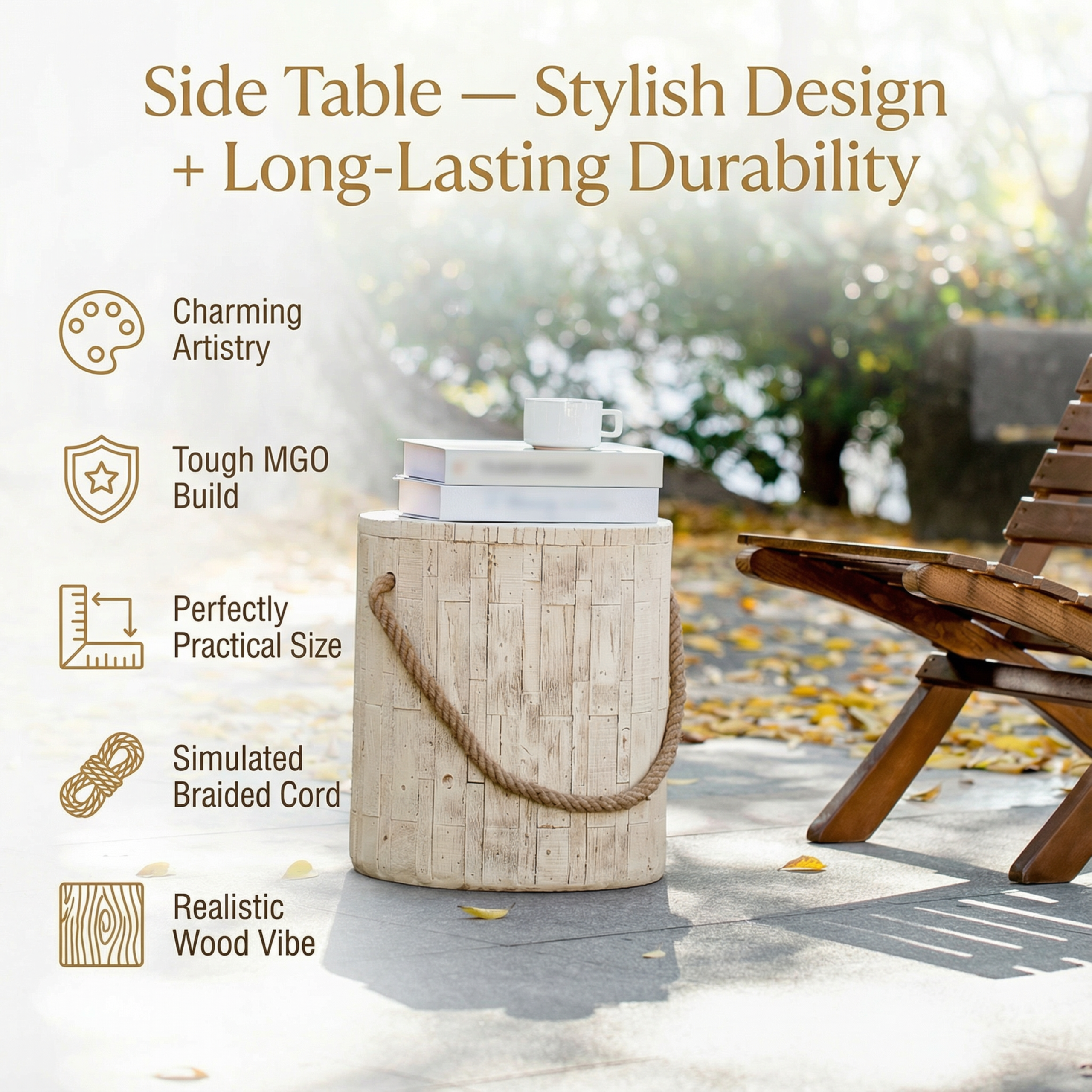 Outdoor Wood Grain Rustic MGO Side Table with Realistic Wood Vibe & Simulated Braided Cord – Indoor End Table for Home, Office, Living Room & Outdoor Decor - Image 5