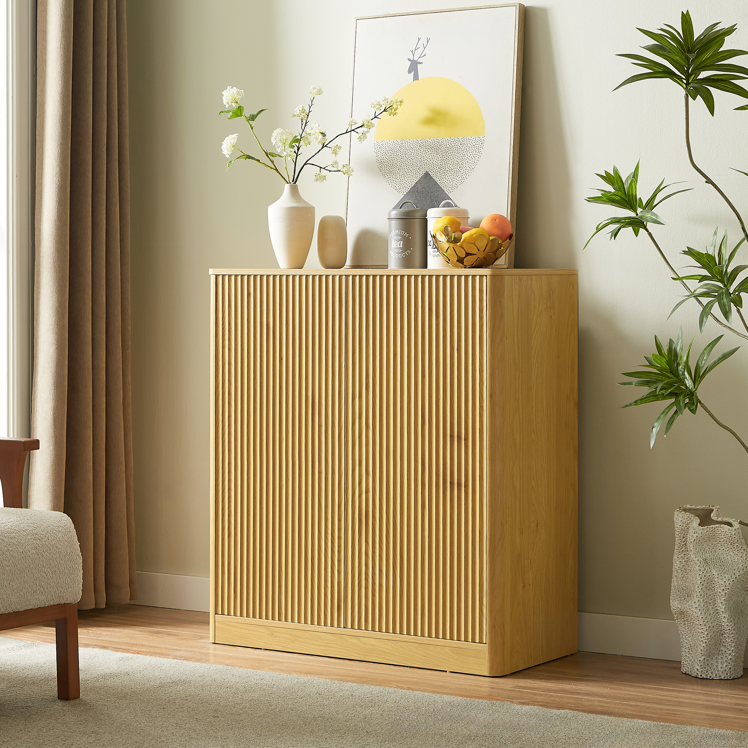 34.3" modern wavy sideboard, curved contour design storage cabinet, 2-door cabinet with storage function, suitable for kitchen/bedroom/living room, Natural, 34.3"L x 15.7"W x 34.3"H - Image 2