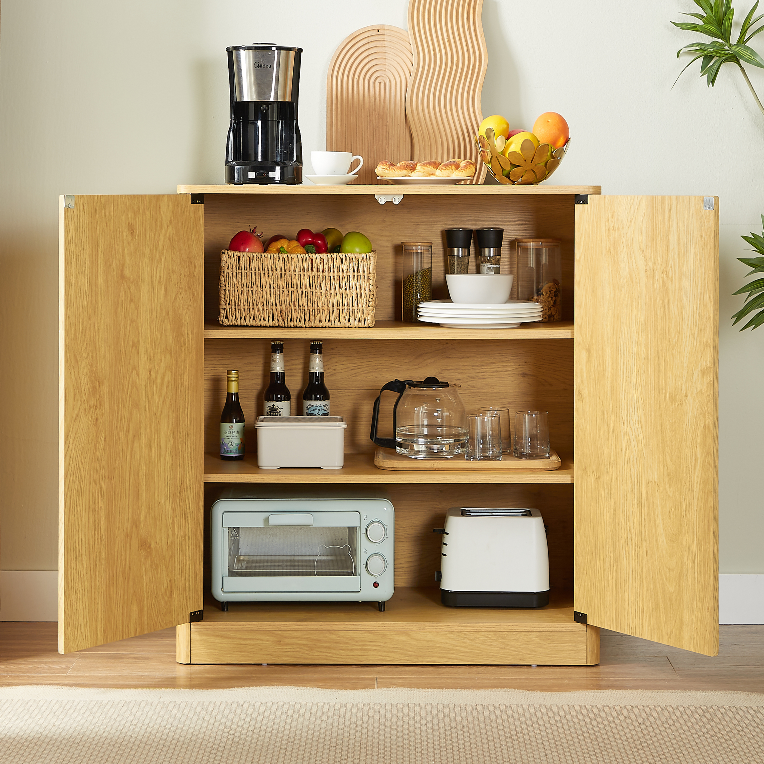 34.3" modern wavy sideboard, curved contour design storage cabinet, 2-door cabinet with storage function, suitable for kitchen/bedroom/living room, Natural, 34.3"L x 15.7"W x 34.3"H - Image 3
