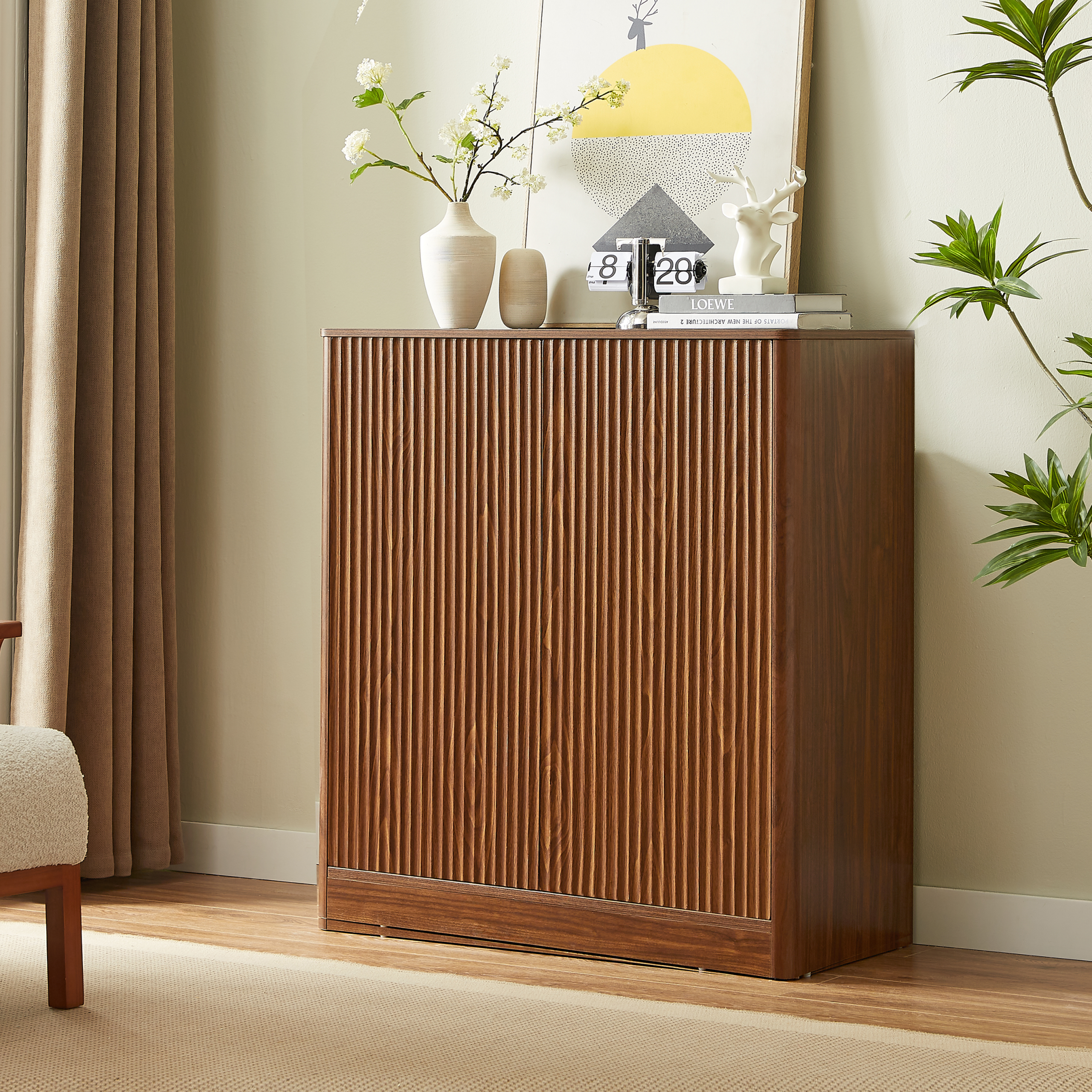 34.3" modern wavy sideboard, curved contour design storage cabinet, 2-door cabinet with storage function, suitable for kitchen/bedroom/living room, Walnut, 34.3"L x 15.7"W x 34.3"H - Image 2