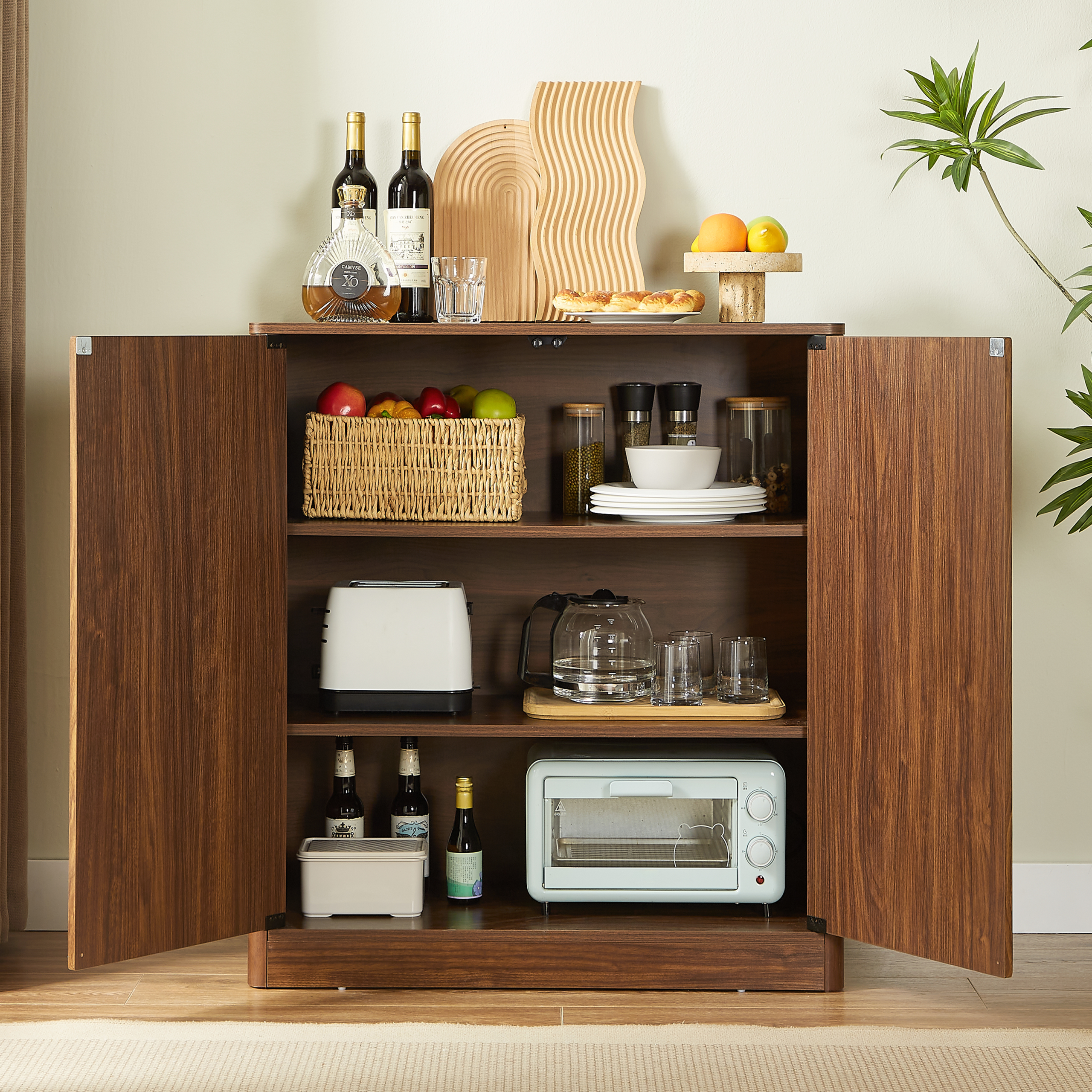 34.3" modern wavy sideboard, curved contour design storage cabinet, 2-door cabinet with storage function, suitable for kitchen/bedroom/living room, Walnut, 34.3"L x 15.7"W x 34.3"H - Image 3
