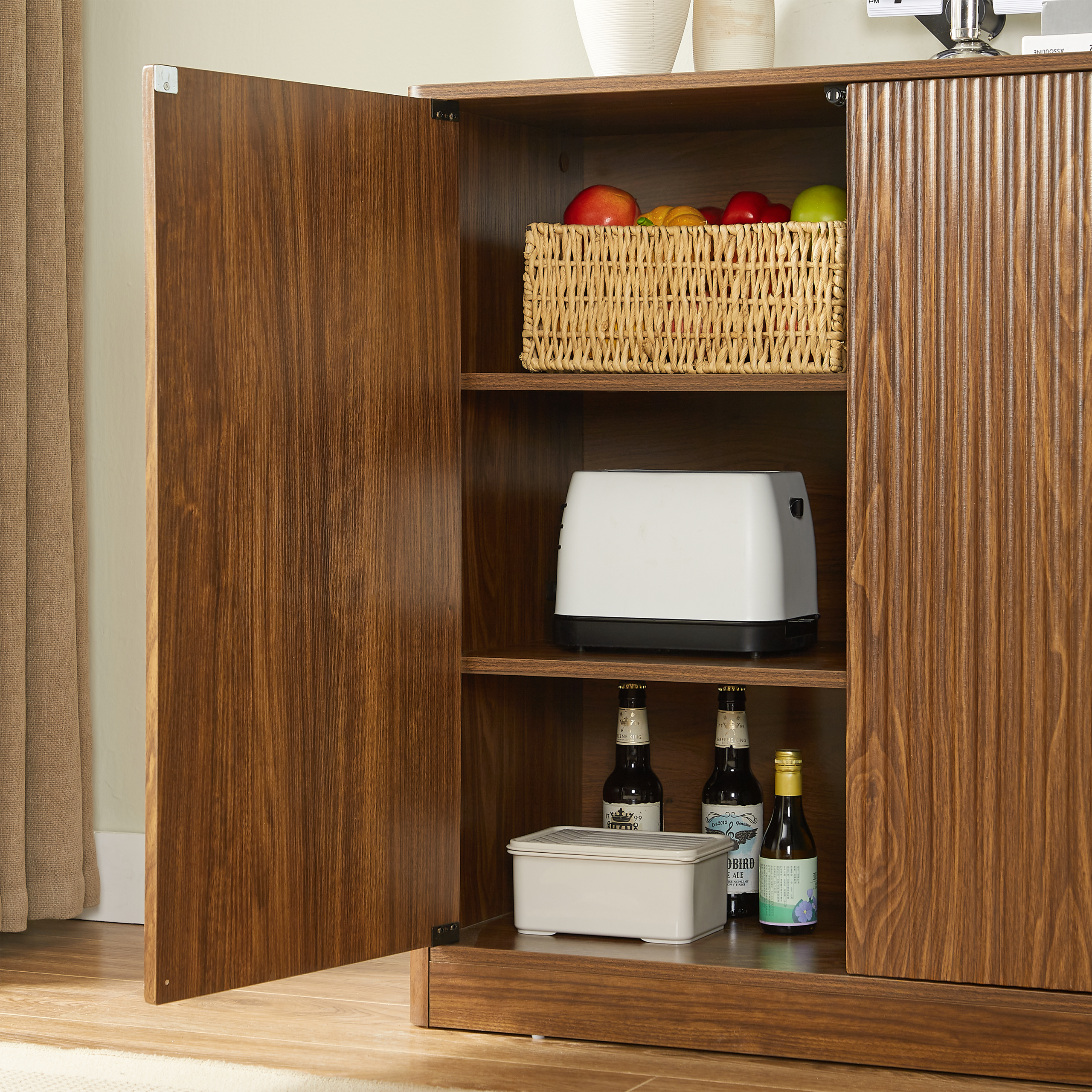 34.3" modern wavy sideboard, curved contour design storage cabinet, 2-door cabinet with storage function, suitable for kitchen/bedroom/living room, Walnut, 34.3"L x 15.7"W x 34.3"H - Image 5