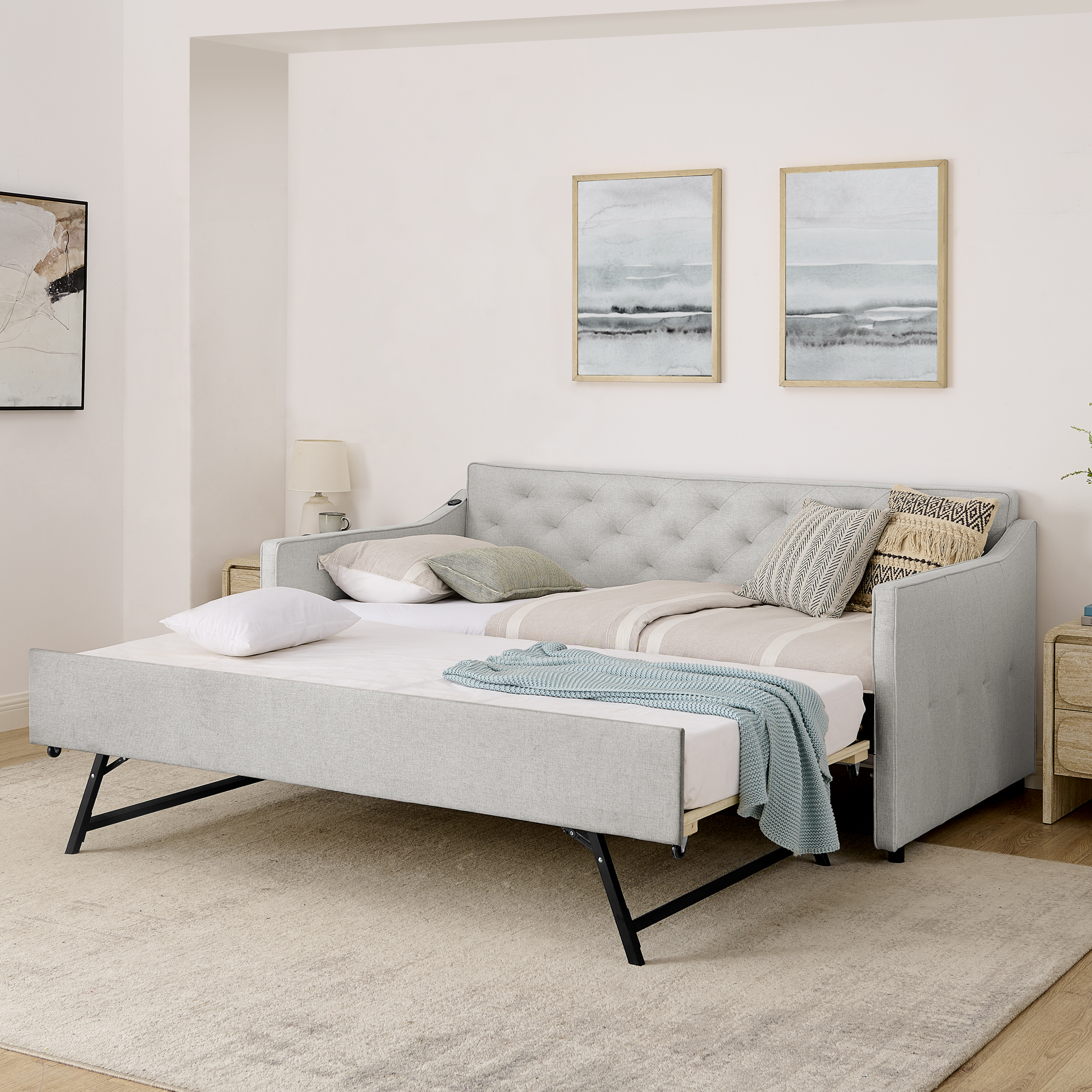 Twin Size Upholstery DayBed with Twin Size Pop-up Trundle and USB Charging Design - Image 2