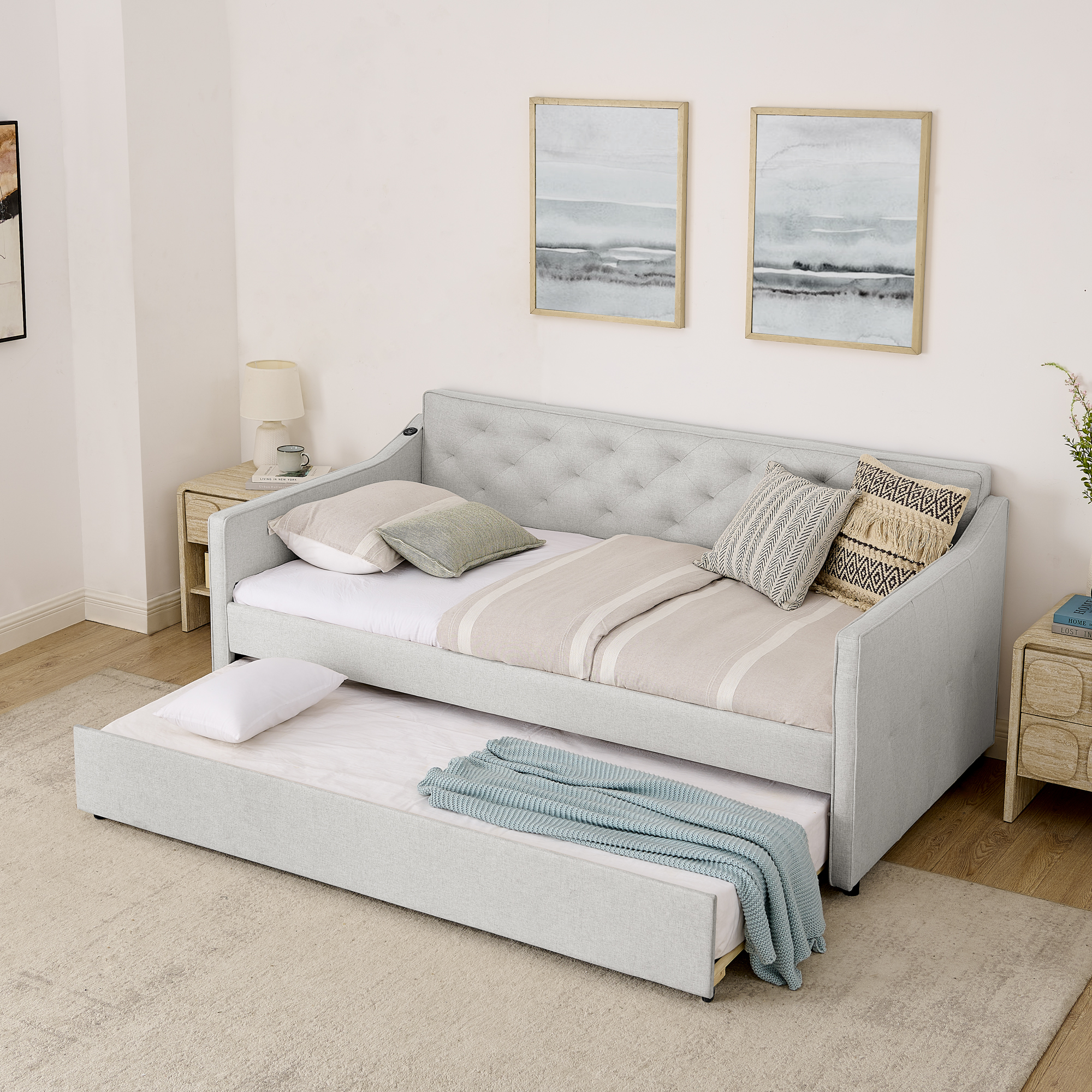 Twin Size Upholstery DayBed with Twin Size Pop-up Trundle and USB Charging Design - Image 3