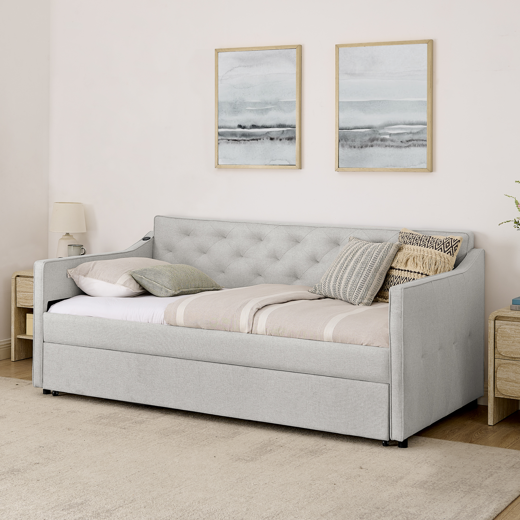 Twin Size Upholstery DayBed with Twin Size Pop-up Trundle and USB Charging Design - Image 4