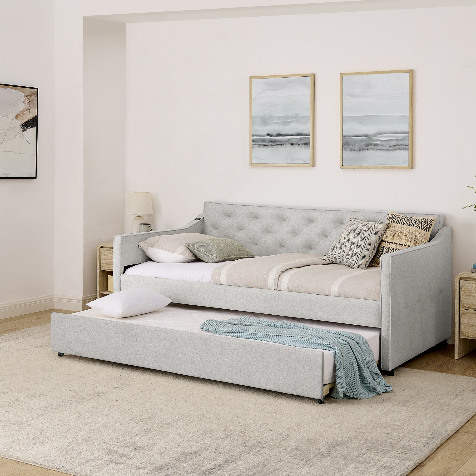 Twin Size Upholstery DayBed with Twin Size Pop-up Trundle and USB Charging Design - Image 5
