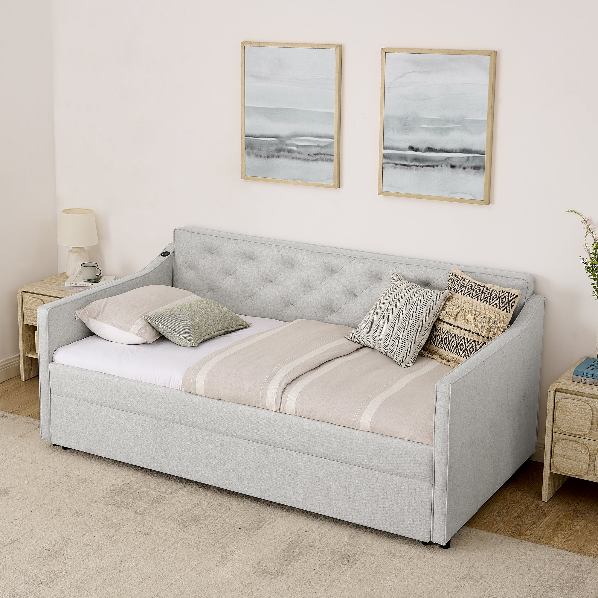 Twin Size Upholstery DayBed with Twin Size Pop-up Trundle and USB Charging Design - Image 6