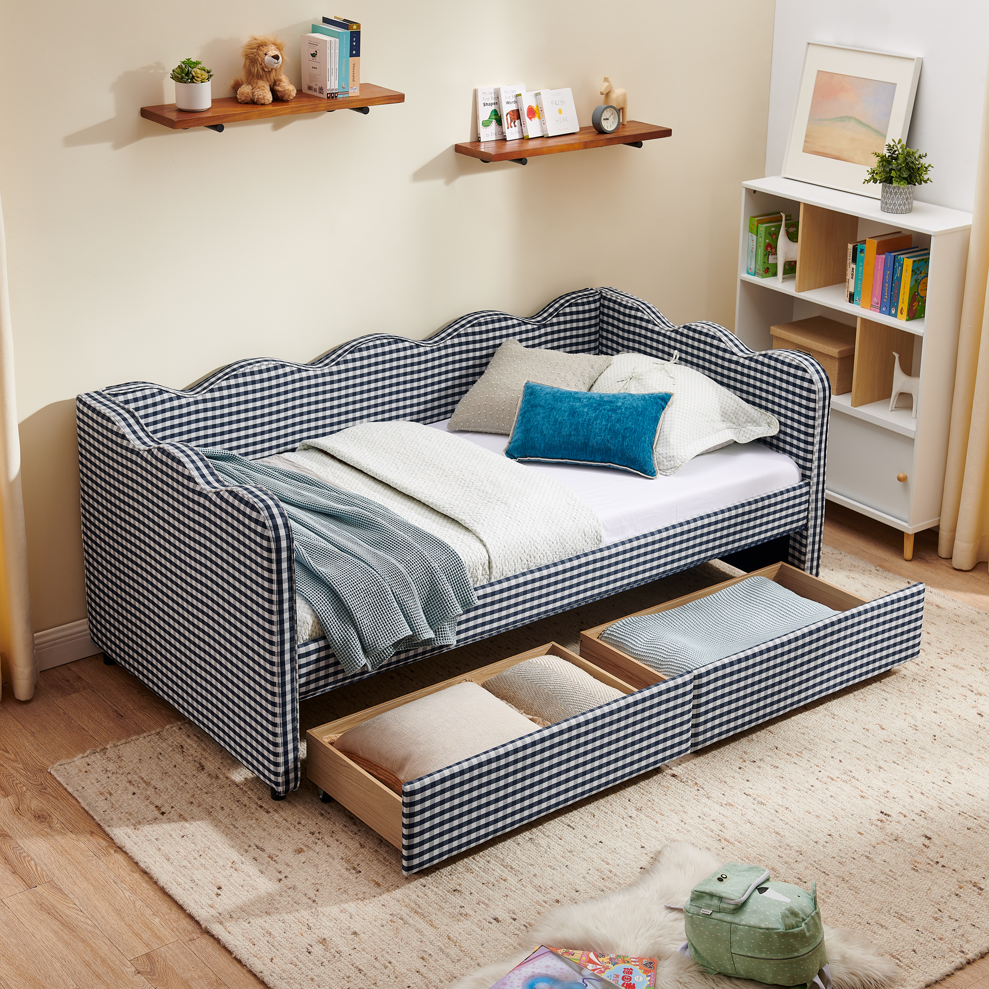 Twin Size Cozy Gingham Daybed with Two Storage Drawers, with USB Port and Adorable Wave Shaped, Linen Fabric