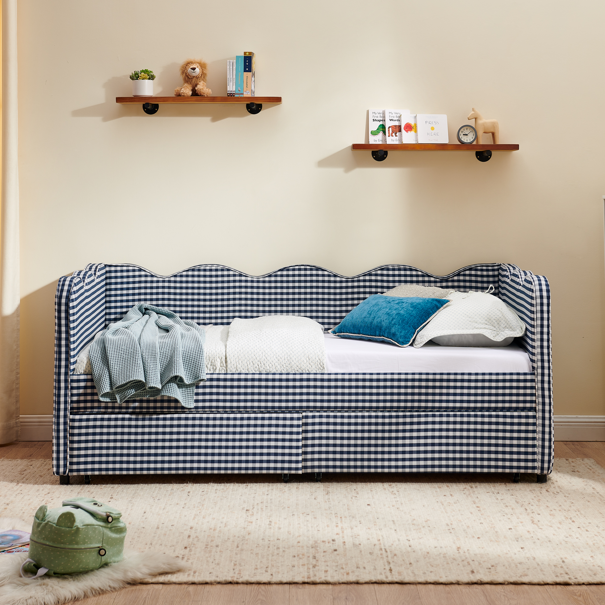 Twin Size Cozy Gingham Daybed with Two Storage Drawers, with USB Port and Adorable Wave Shaped, Linen Fabric - Image 3