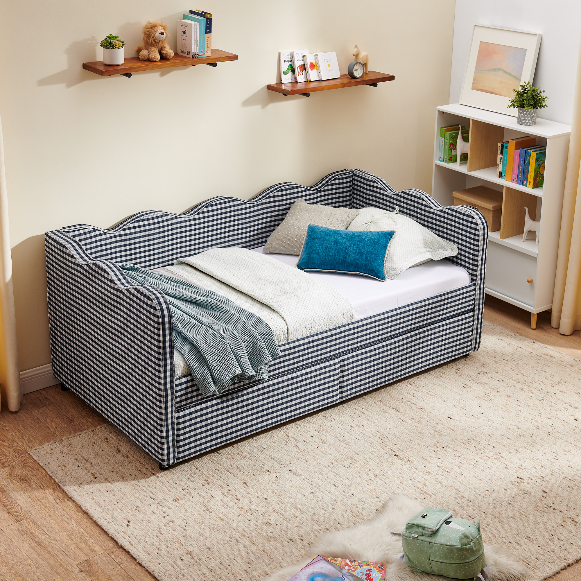 Twin Size Cozy Gingham Daybed with Two Storage Drawers, with USB Port and Adorable Wave Shaped, Linen Fabric - Image 5