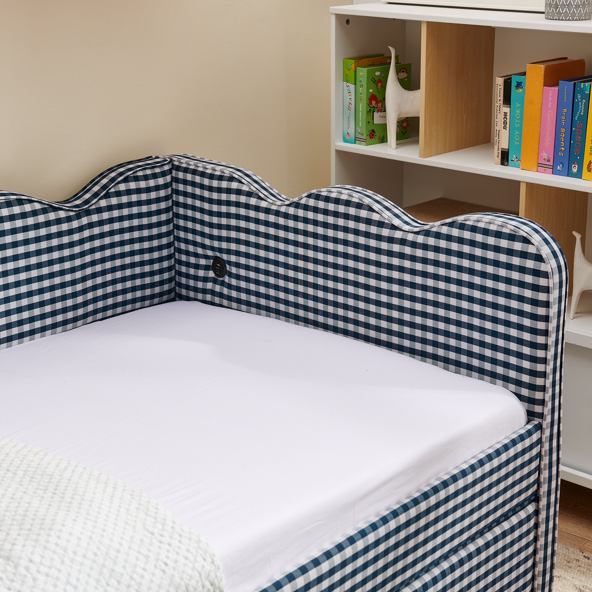 Twin Size Cozy Gingham Daybed with Two Storage Drawers, with USB Port and Adorable Wave Shaped, Linen Fabric - Image 6