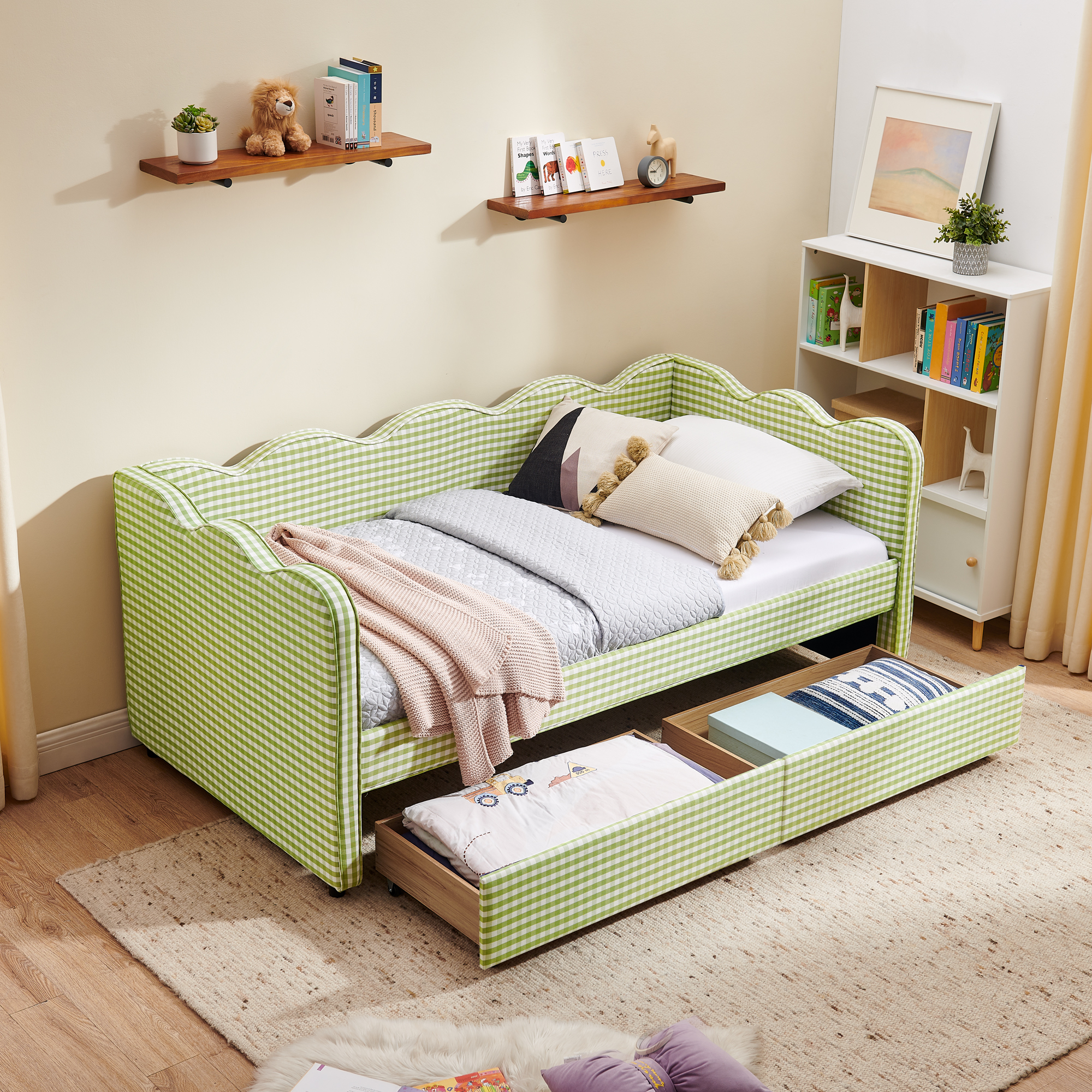 Twin Size Cozy Gingham Daybed with Two Storage Drawers, with USB Port and Adorable Wave Shaped, Linen Fabric - Image 1