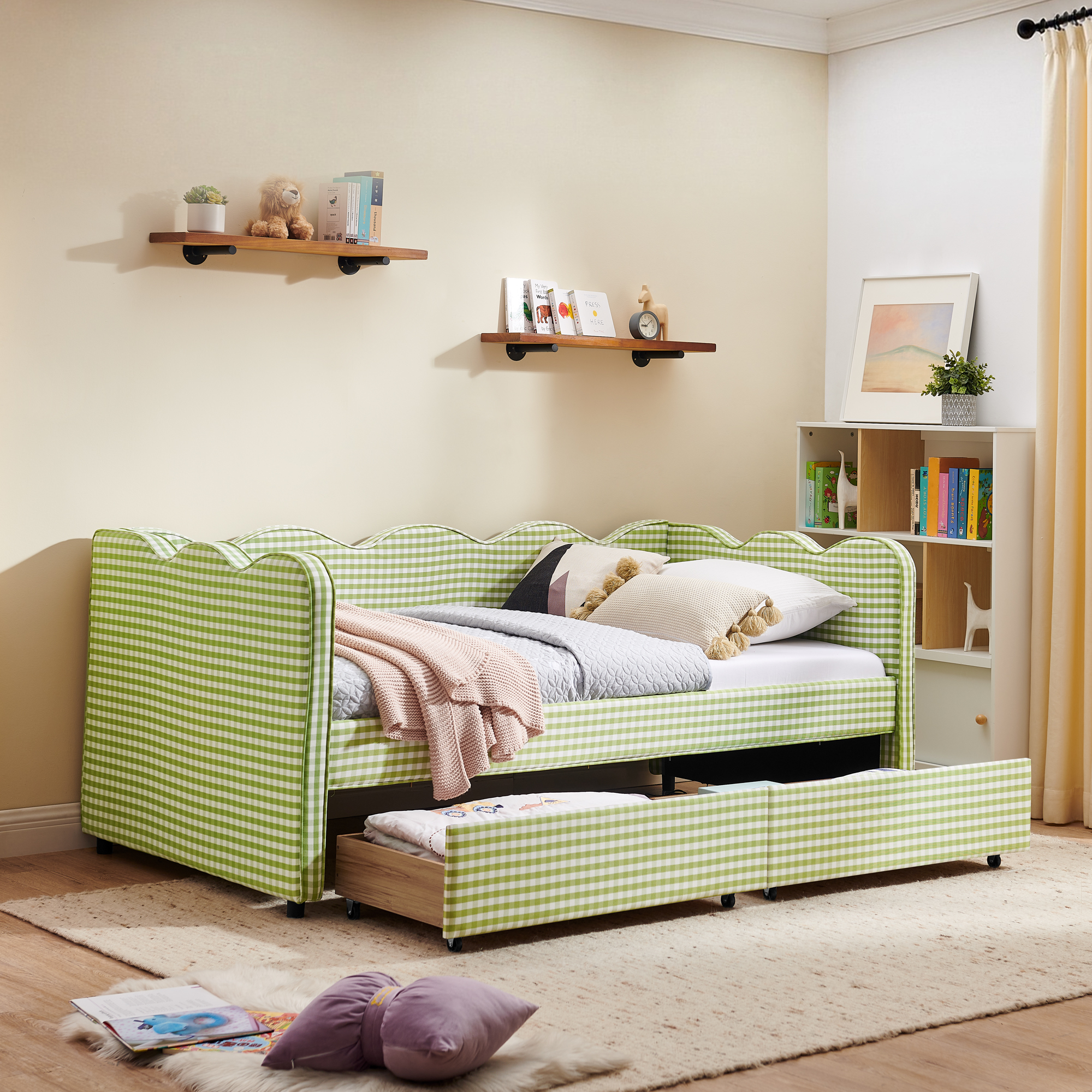 Twin Size Cozy Gingham Daybed with Two Storage Drawers, with USB Port and Adorable Wave Shaped, Linen Fabric - Image 2
