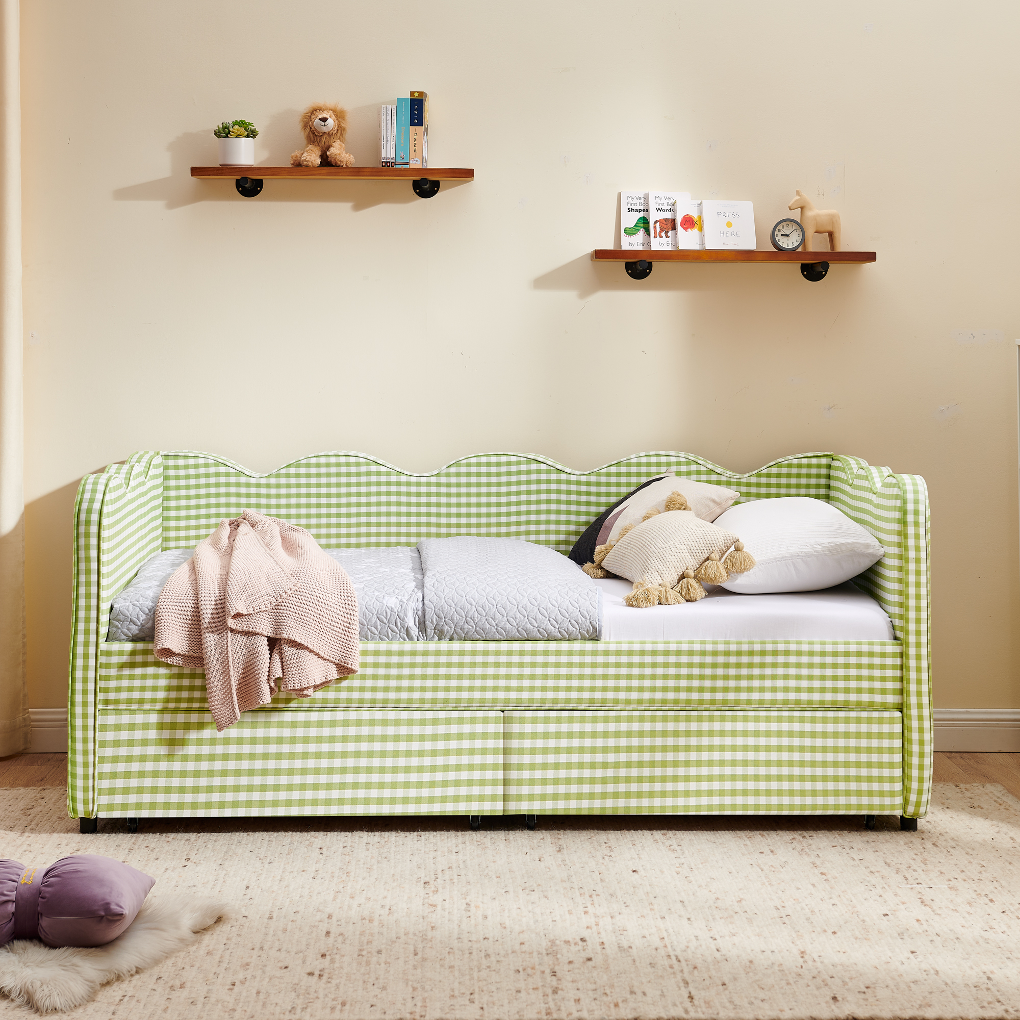 Twin Size Cozy Gingham Daybed with Two Storage Drawers, with USB Port and Adorable Wave Shaped, Linen Fabric - Image 3