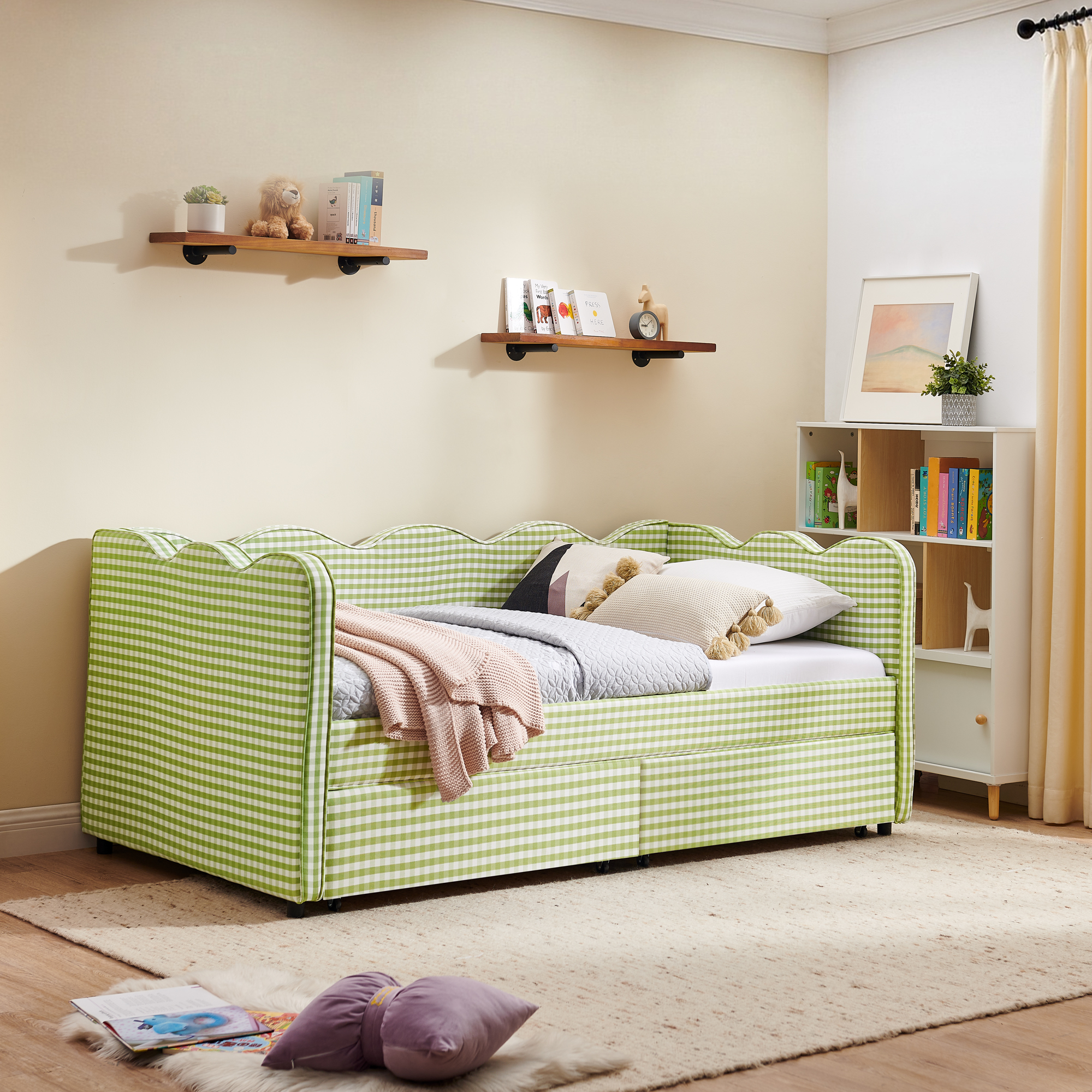 Twin Size Cozy Gingham Daybed with Two Storage Drawers, with USB Port and Adorable Wave Shaped, Linen Fabric - Image 4