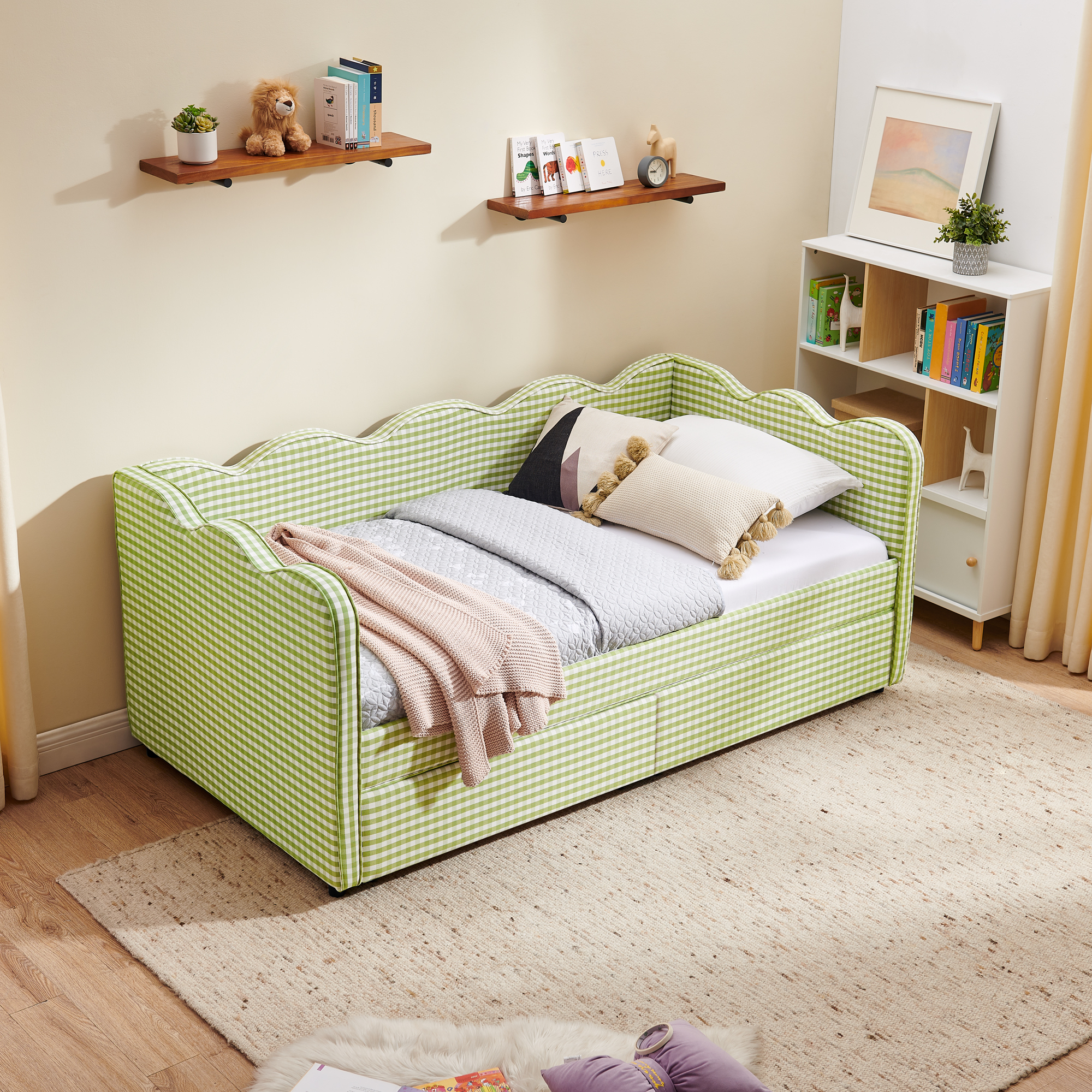 Twin Size Cozy Gingham Daybed with Two Storage Drawers, with USB Port and Adorable Wave Shaped, Linen Fabric - Image 5