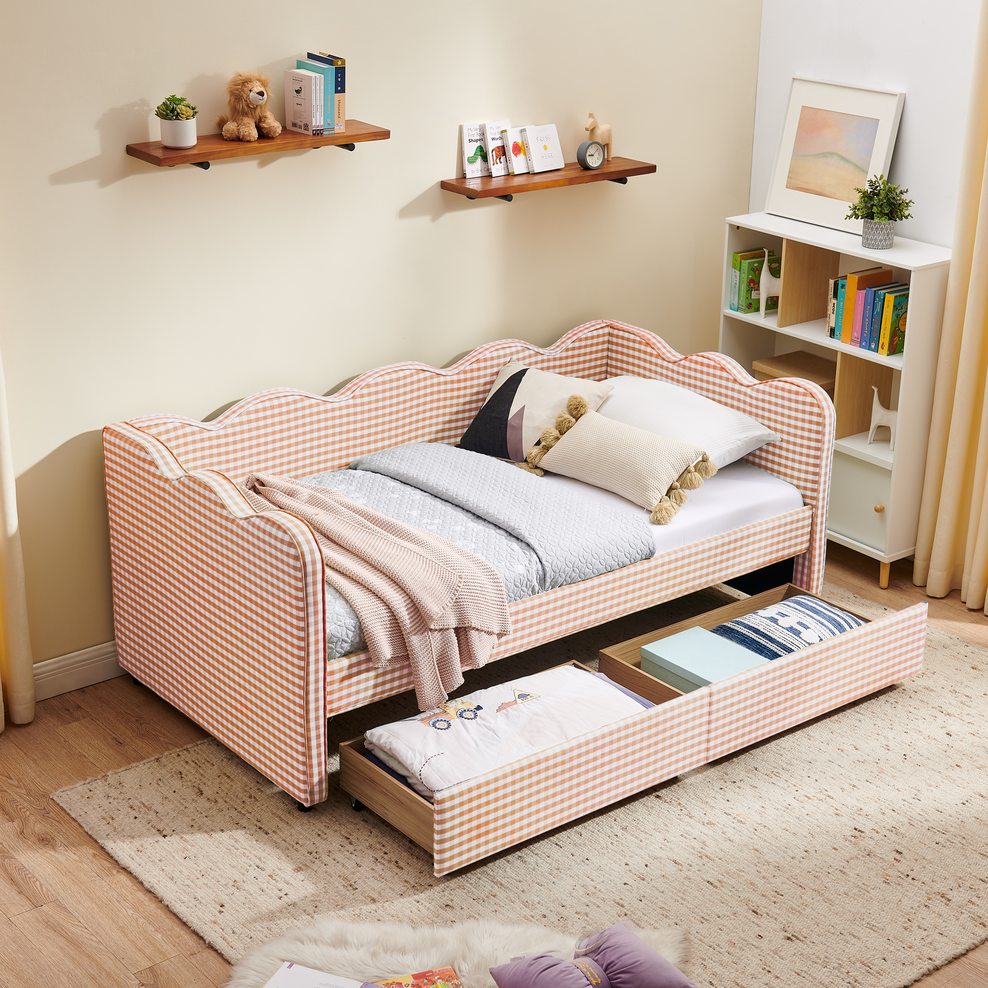 Twin Size Cozy Gingham Daybed with Two Storage Drawers, with USB Port and Adorable Wave Shaped, Linen Fabric - Image 1