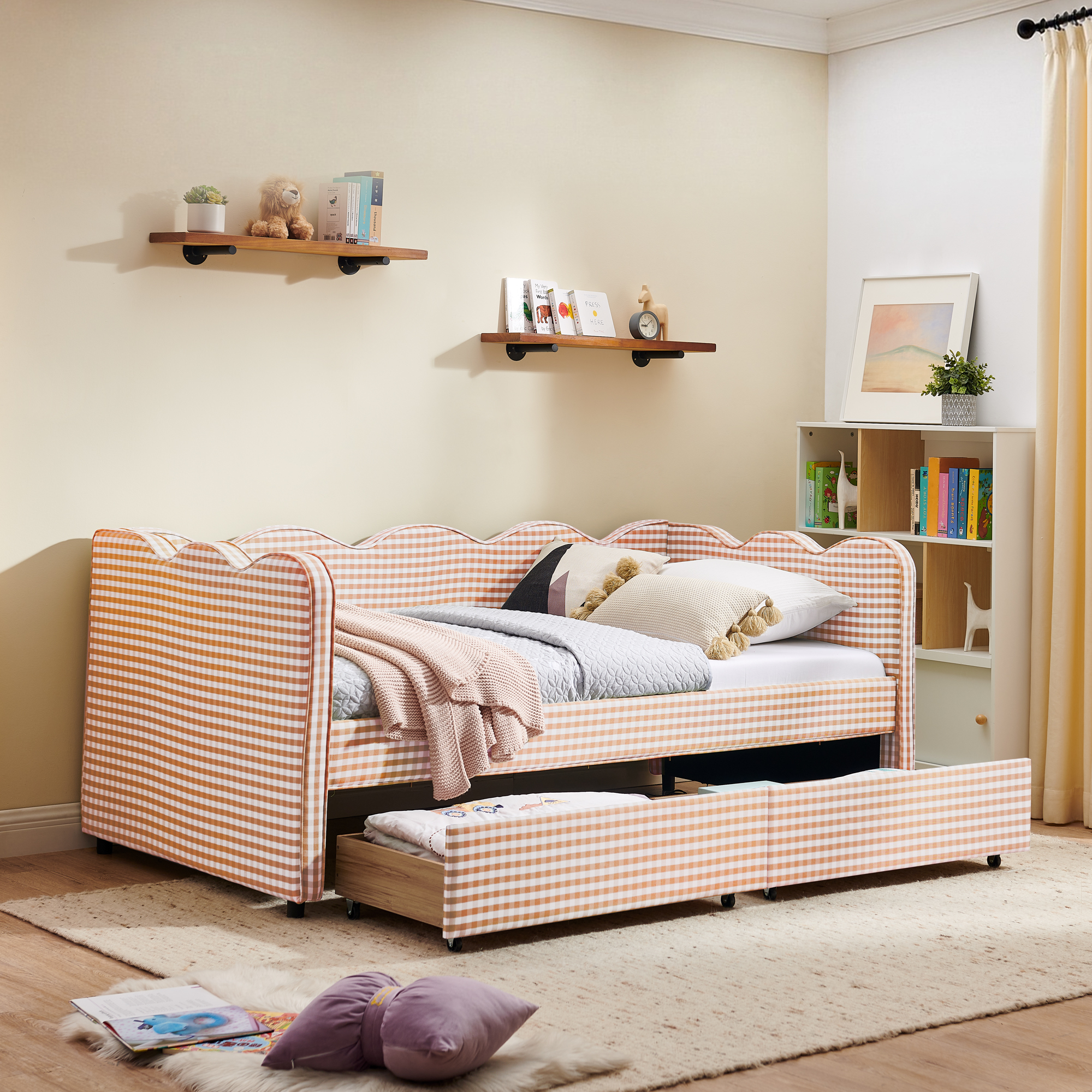 Twin Size Cozy Gingham Daybed with Two Storage Drawers, with USB Port and Adorable Wave Shaped, Linen Fabric - Image 2
