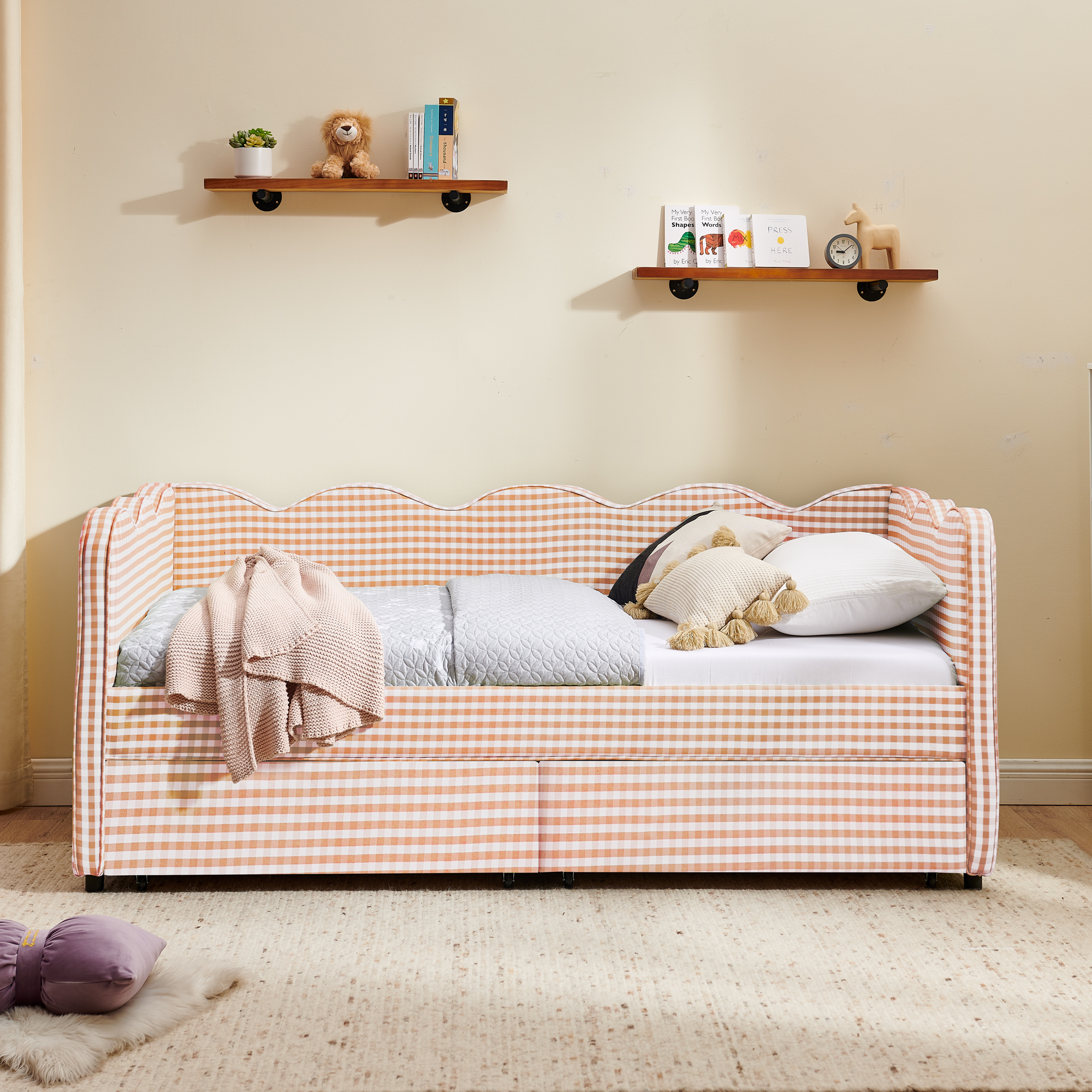 Twin Size Cozy Gingham Daybed with Two Storage Drawers, with USB Port and Adorable Wave Shaped, Linen Fabric - Image 3