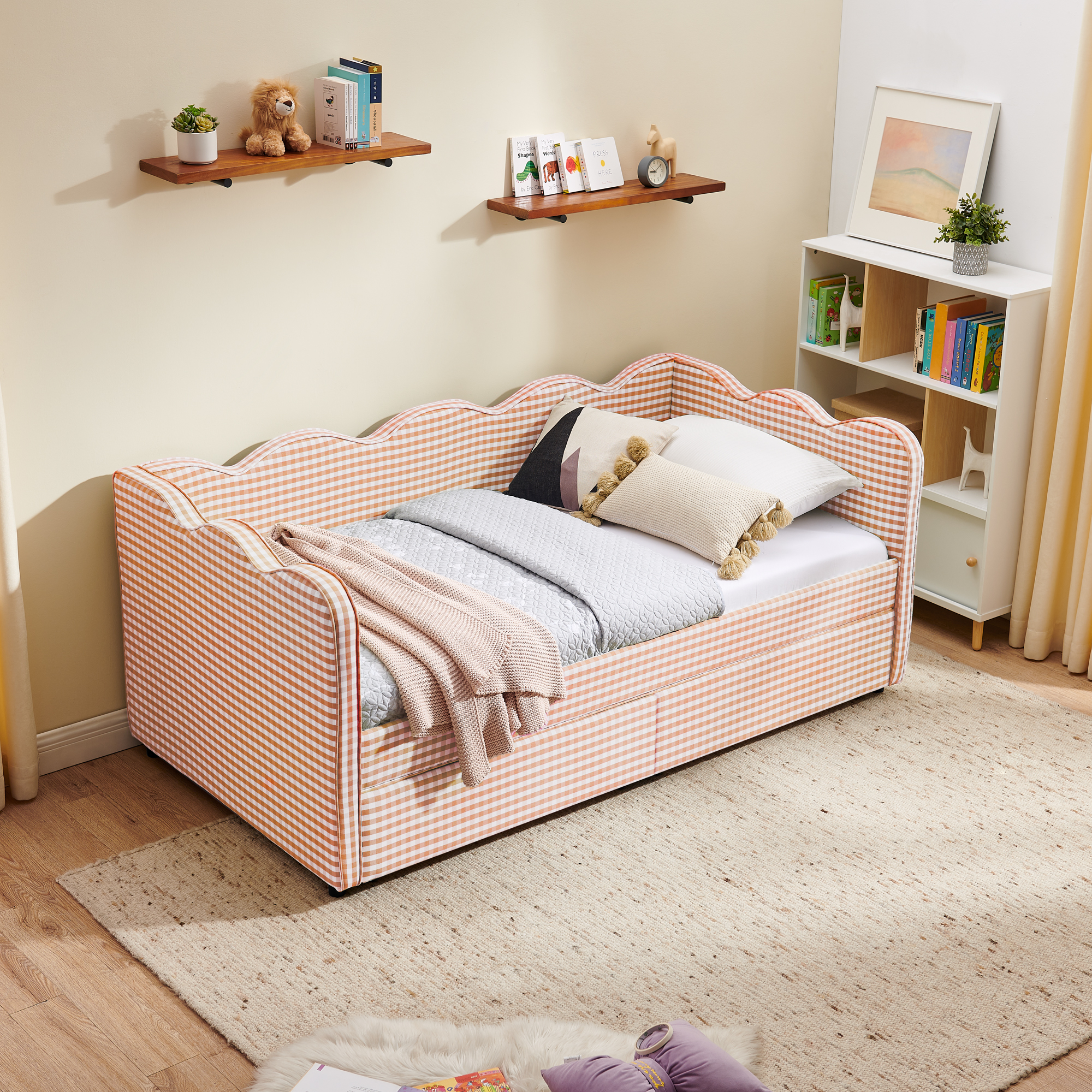 Twin Size Cozy Gingham Daybed with Two Storage Drawers, with USB Port and Adorable Wave Shaped, Linen Fabric - Image 4