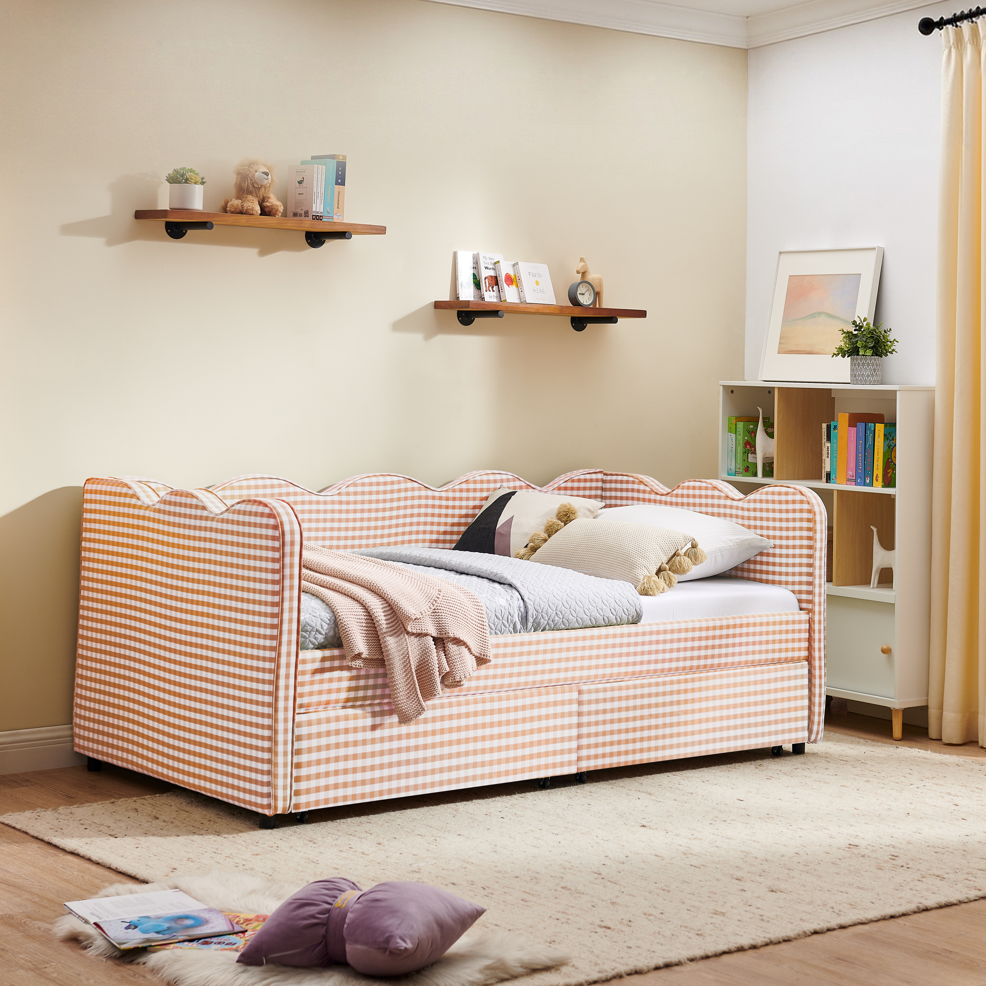 Twin Size Cozy Gingham Daybed with Two Storage Drawers, with USB Port and Adorable Wave Shaped, Linen Fabric - Image 5