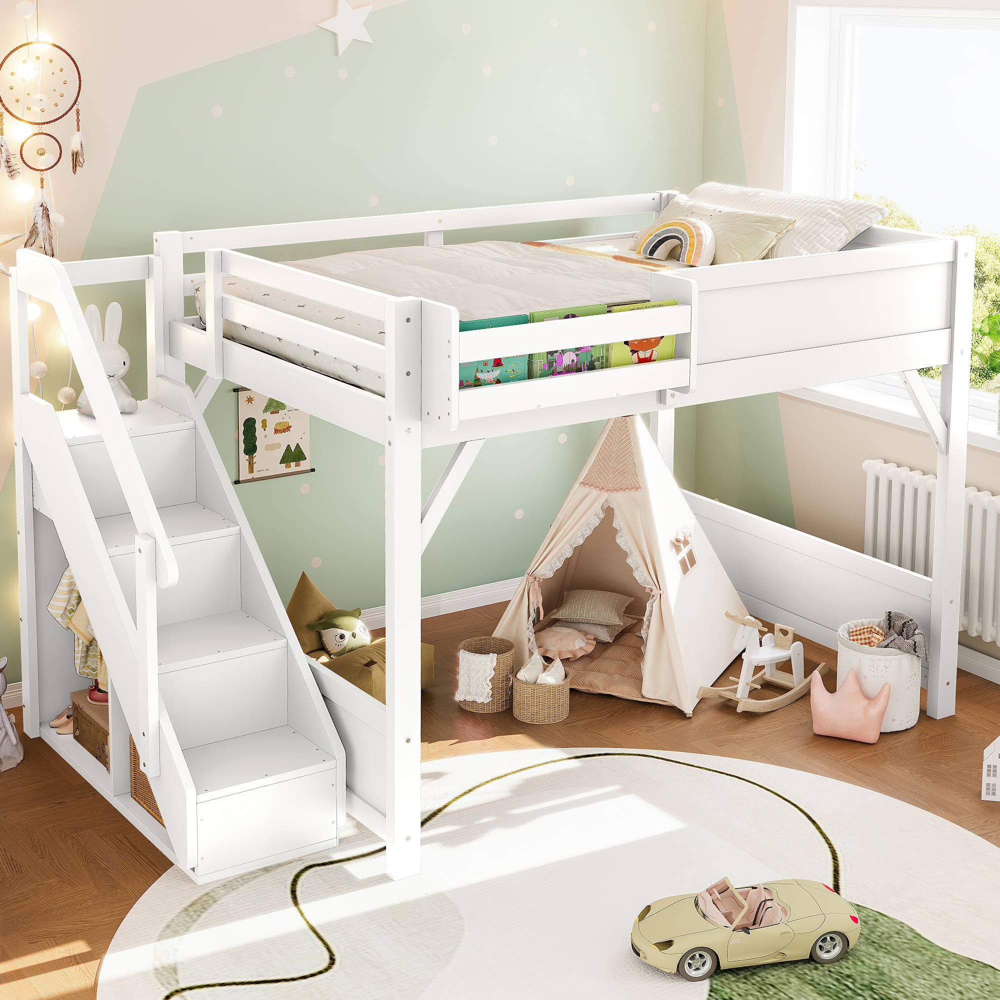 Full Size Loft Bed with Built-in Wardrobe and Storage Space, Solid Wood Loft Bed with Beside Shelves, Full-length Guardrails and Stairs, No Box Spring Needed, White - Image 2