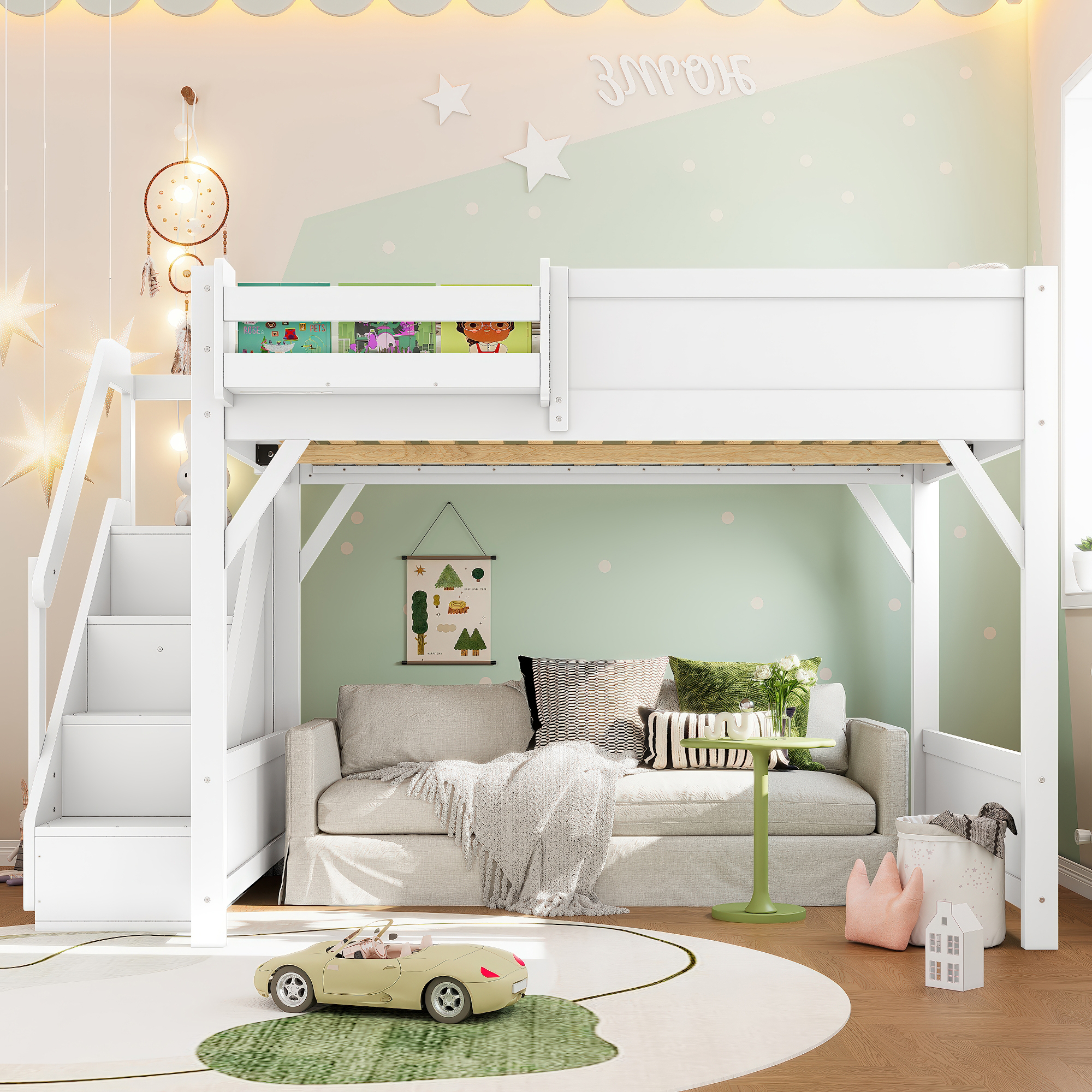 Full Size Loft Bed with Built-in Wardrobe and Storage Space, Solid Wood Loft Bed with Beside Shelves, Full-length Guardrails and Stairs, No Box Spring Needed, White - Image 3