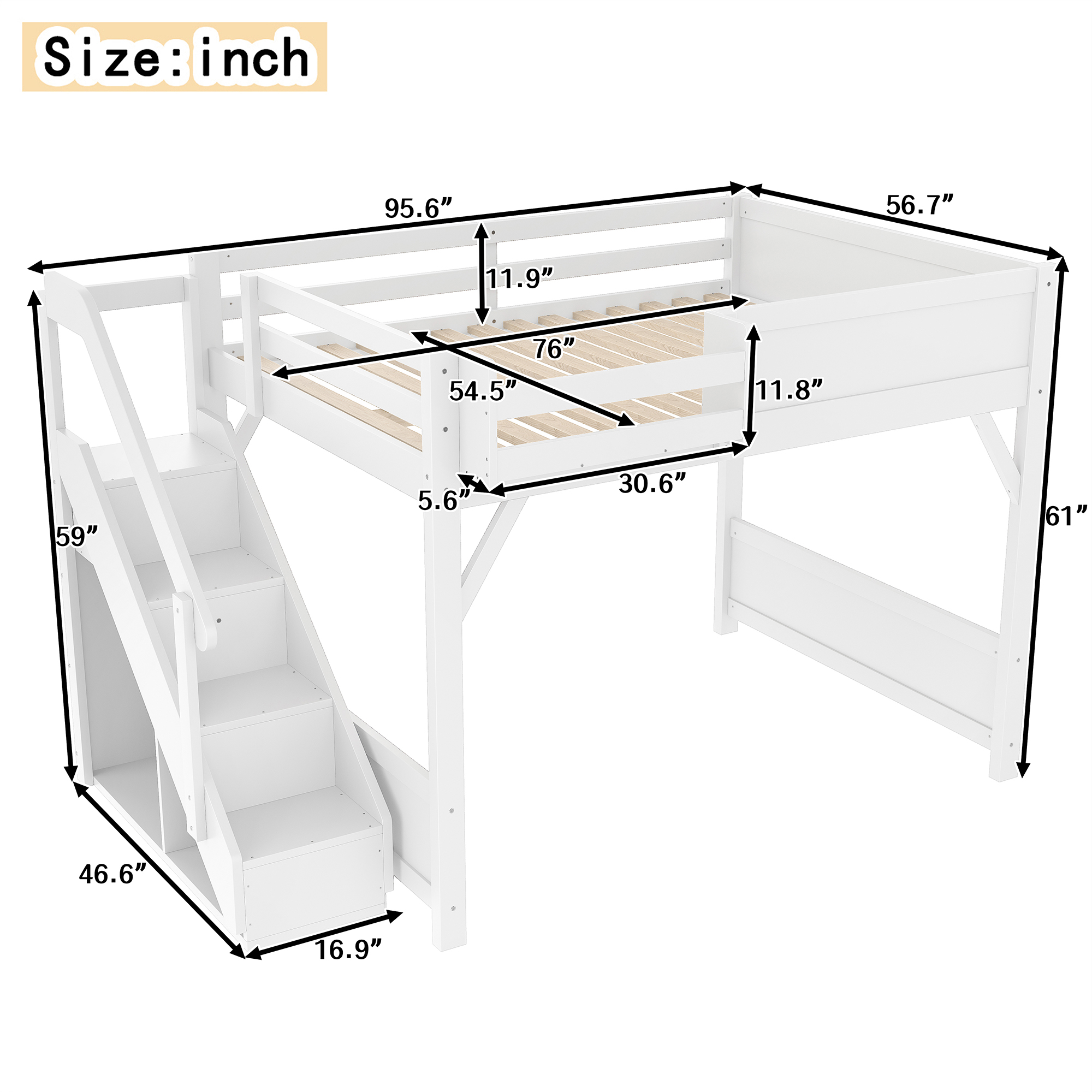 Full Size Loft Bed with Built-in Wardrobe and Storage Space, Solid Wood Loft Bed with Beside Shelves, Full-length Guardrails and Stairs, No Box Spring Needed, White - Image 4