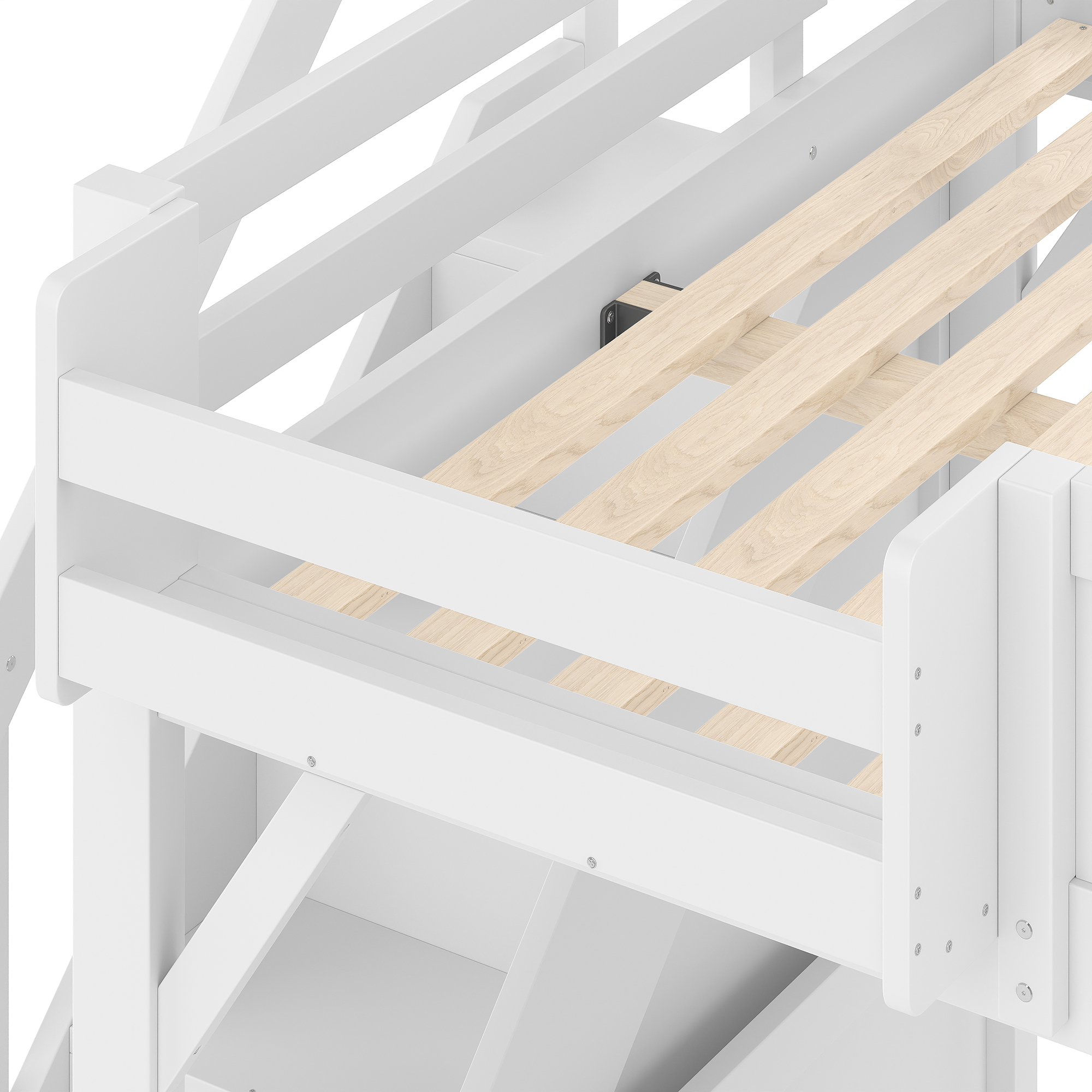 Full Size Loft Bed with Built-in Wardrobe and Storage Space, Solid Wood Loft Bed with Beside Shelves, Full-length Guardrails and Stairs, No Box Spring Needed, White - Image 6