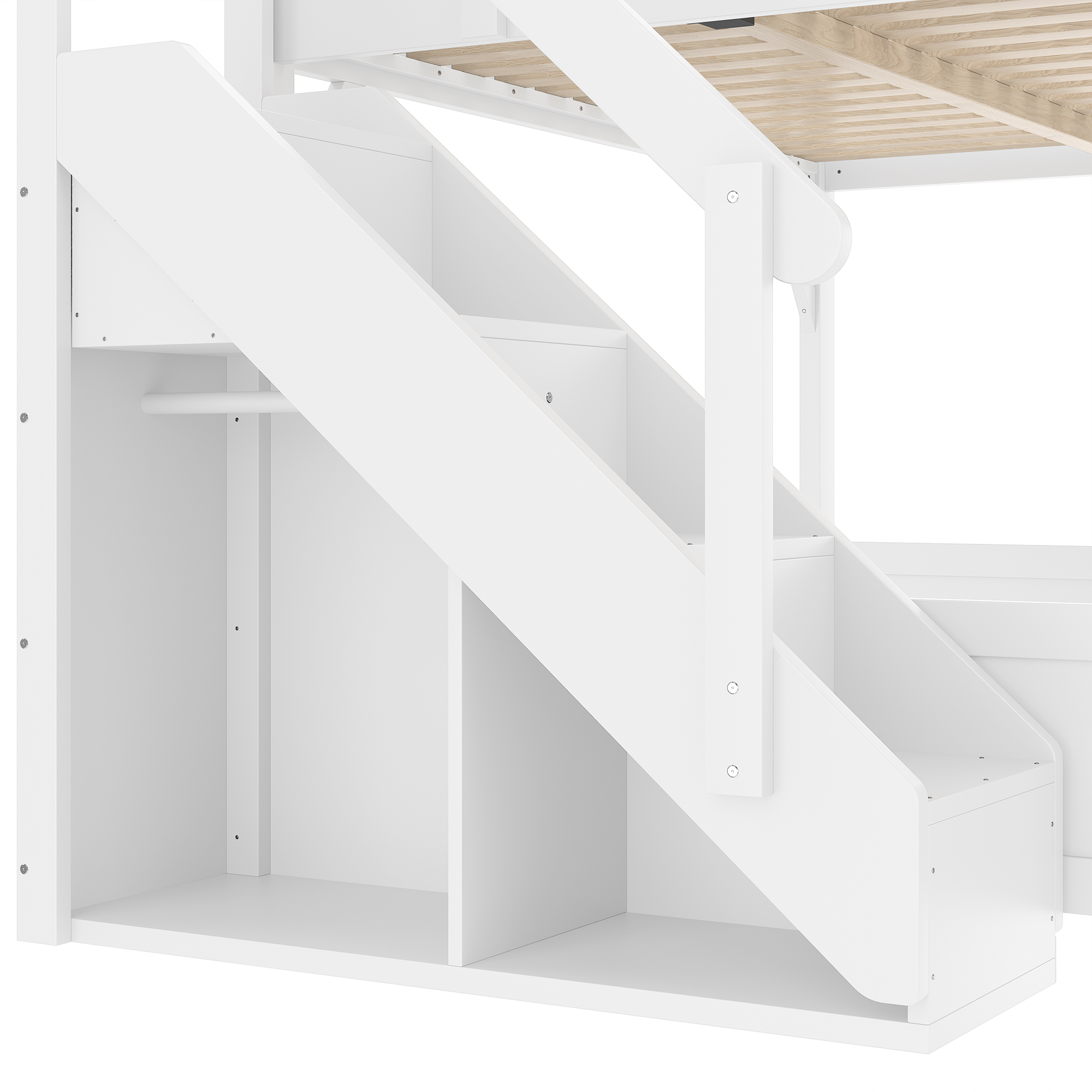 Full Size Loft Bed with Built-in Wardrobe and Storage Space, Solid Wood Loft Bed with Beside Shelves, Full-length Guardrails and Stairs, No Box Spring Needed, White - Image 5