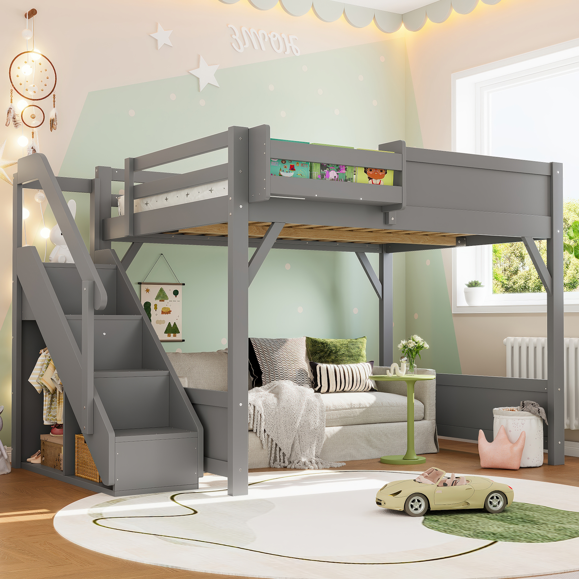 Full Size Loft Bed with Built-in Wardrobe and Storage Space, Solid Wood Loft Bed with Beside Shelves, Full-length Guardrails and Stairs, No Box Spring Needed, Gray