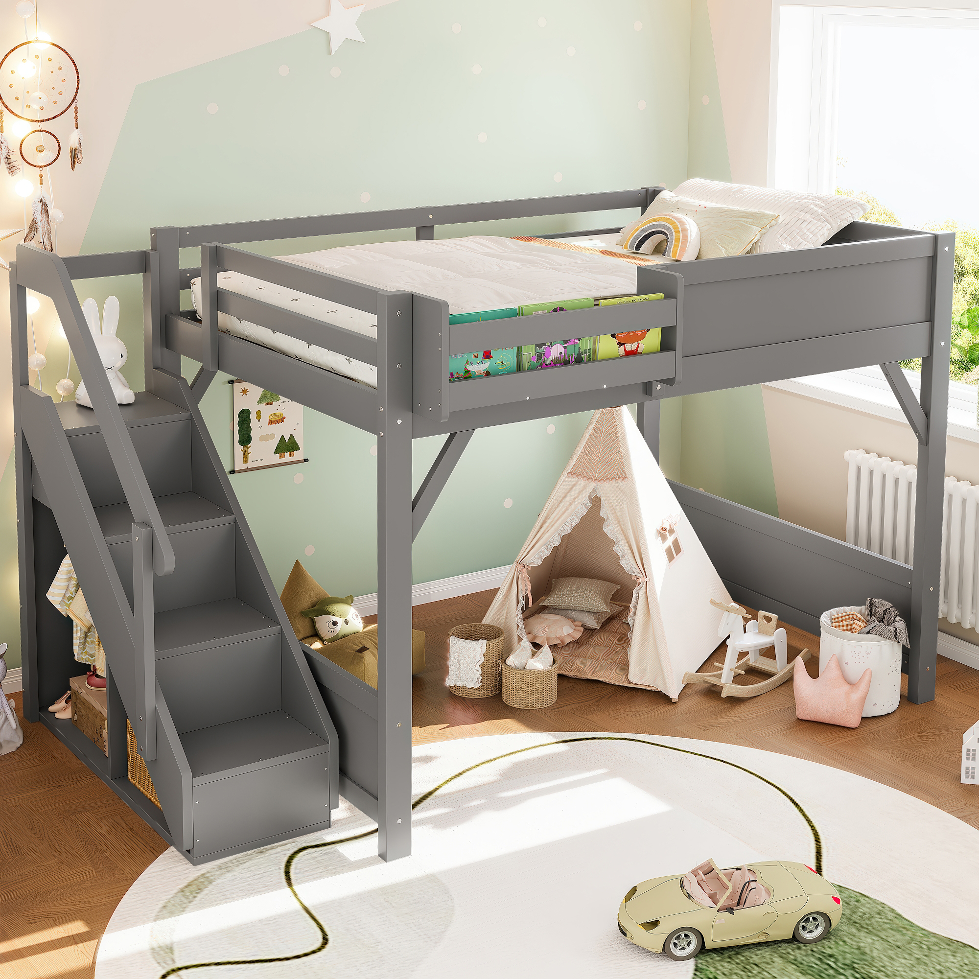 Full Size Loft Bed with Built-in Wardrobe and Storage Space, Solid Wood Loft Bed with Beside Shelves, Full-length Guardrails and Stairs, No Box Spring Needed, Gray - Image 2