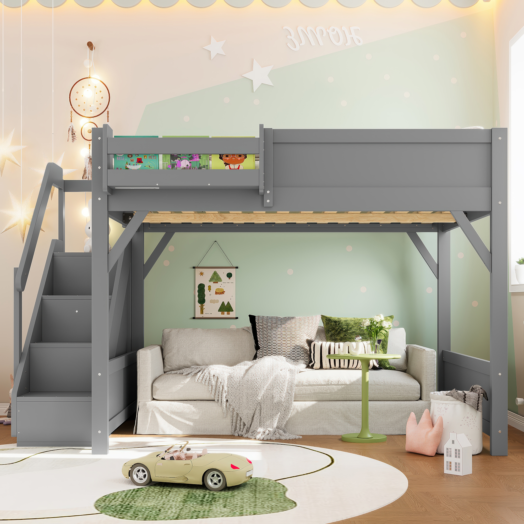 Full Size Loft Bed with Built-in Wardrobe and Storage Space, Solid Wood Loft Bed with Beside Shelves, Full-length Guardrails and Stairs, No Box Spring Needed, Gray - Image 3