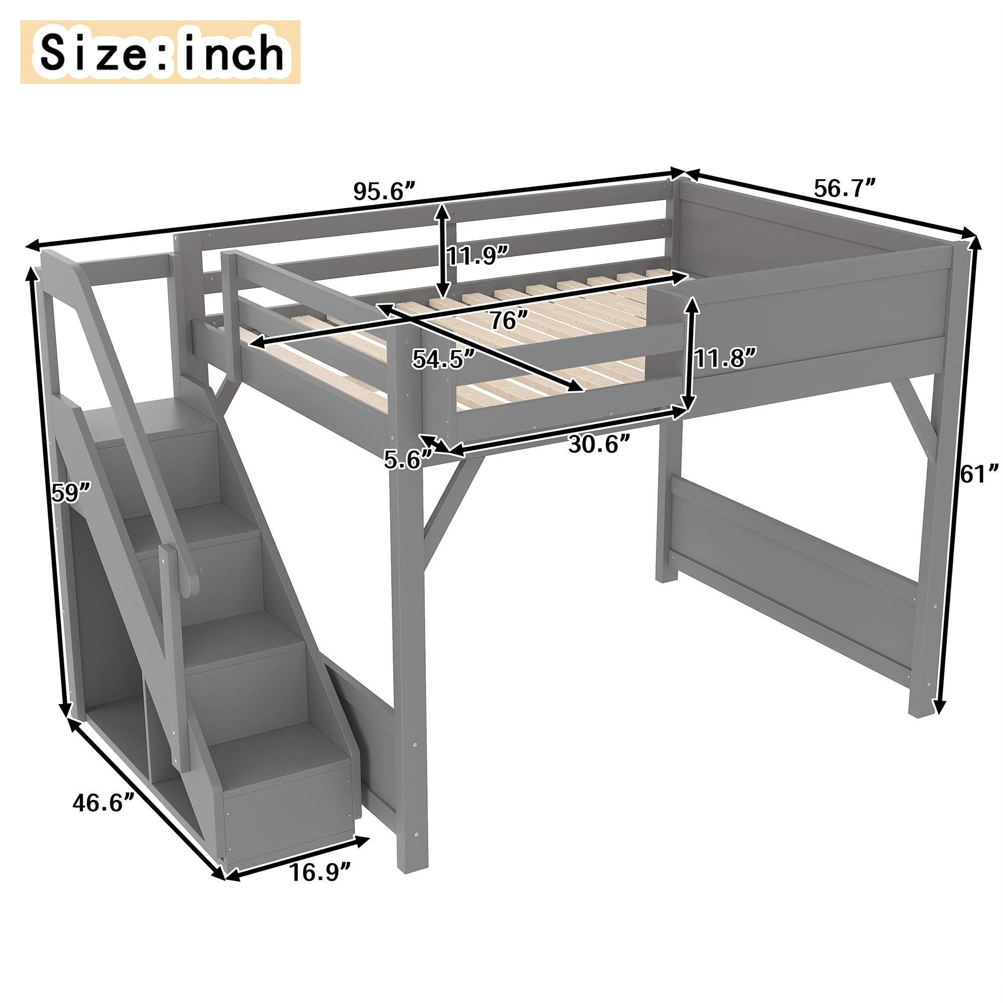 Full Size Loft Bed with Built-in Wardrobe and Storage Space, Solid Wood Loft Bed with Beside Shelves, Full-length Guardrails and Stairs, No Box Spring Needed, Gray - Image 4
