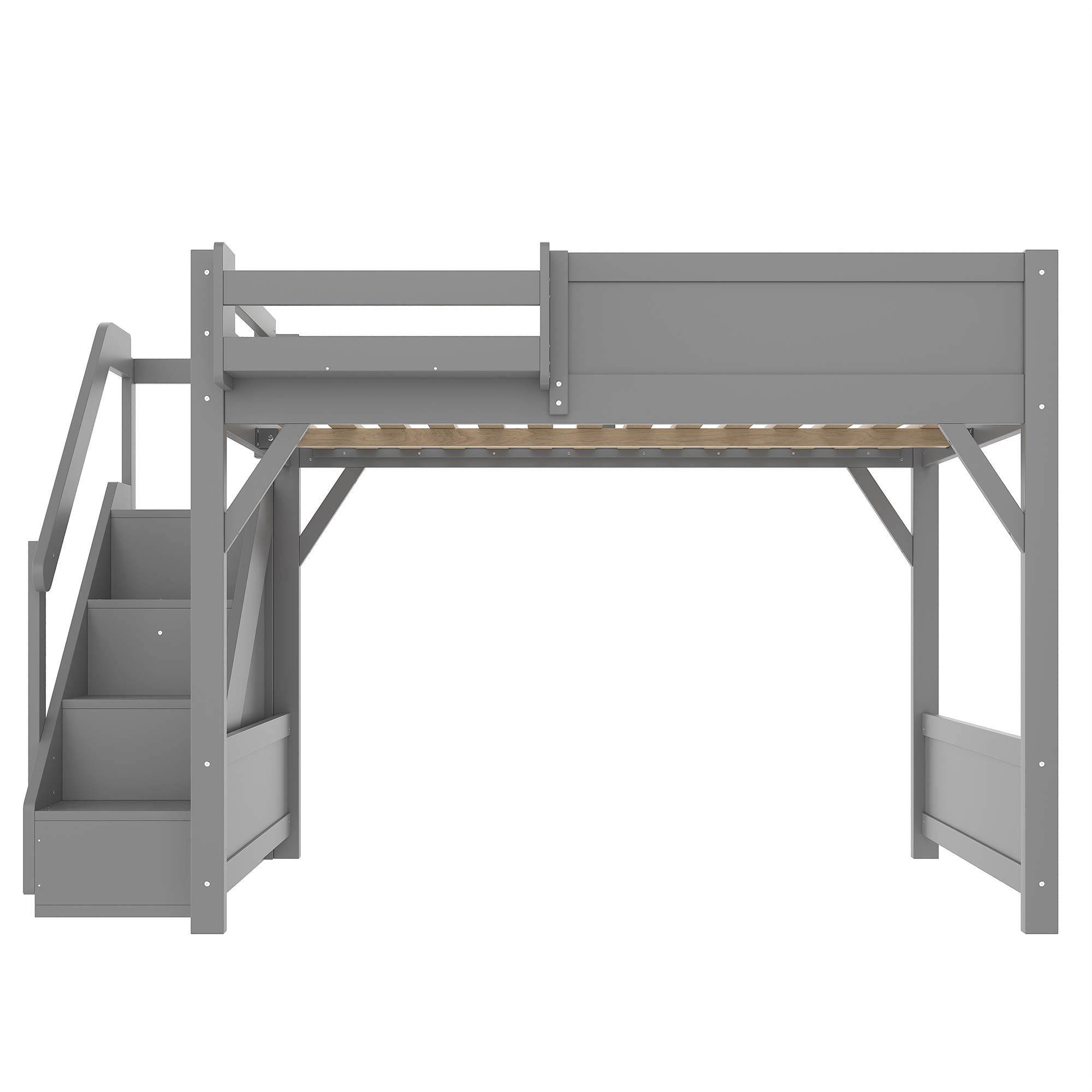 Full Size Loft Bed with Built-in Wardrobe and Storage Space, Solid Wood Loft Bed with Beside Shelves, Full-length Guardrails and Stairs, No Box Spring Needed, Gray - Image 5