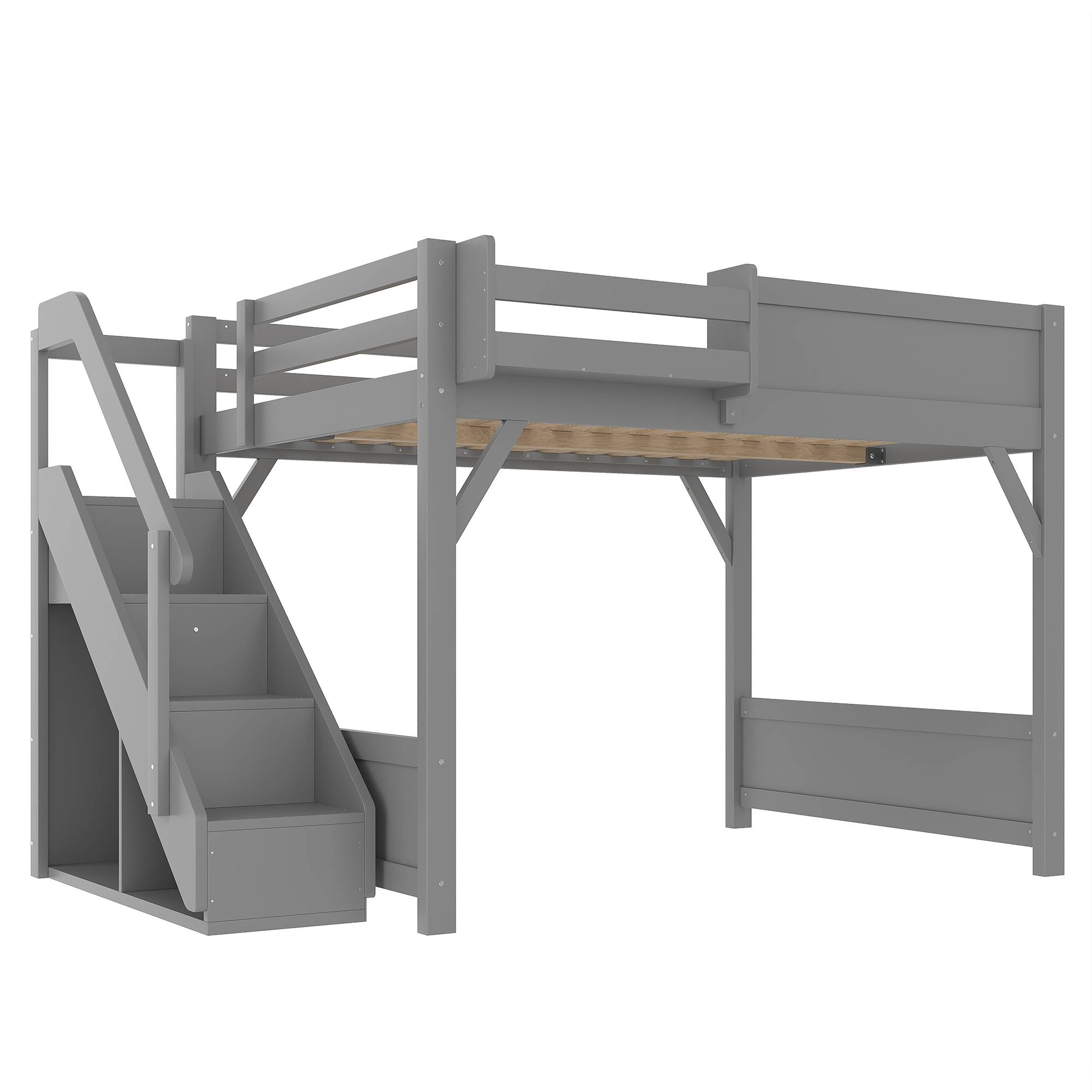 Full Size Loft Bed with Built-in Wardrobe and Storage Space, Solid Wood Loft Bed with Beside Shelves, Full-length Guardrails and Stairs, No Box Spring Needed, Gray - Image 6