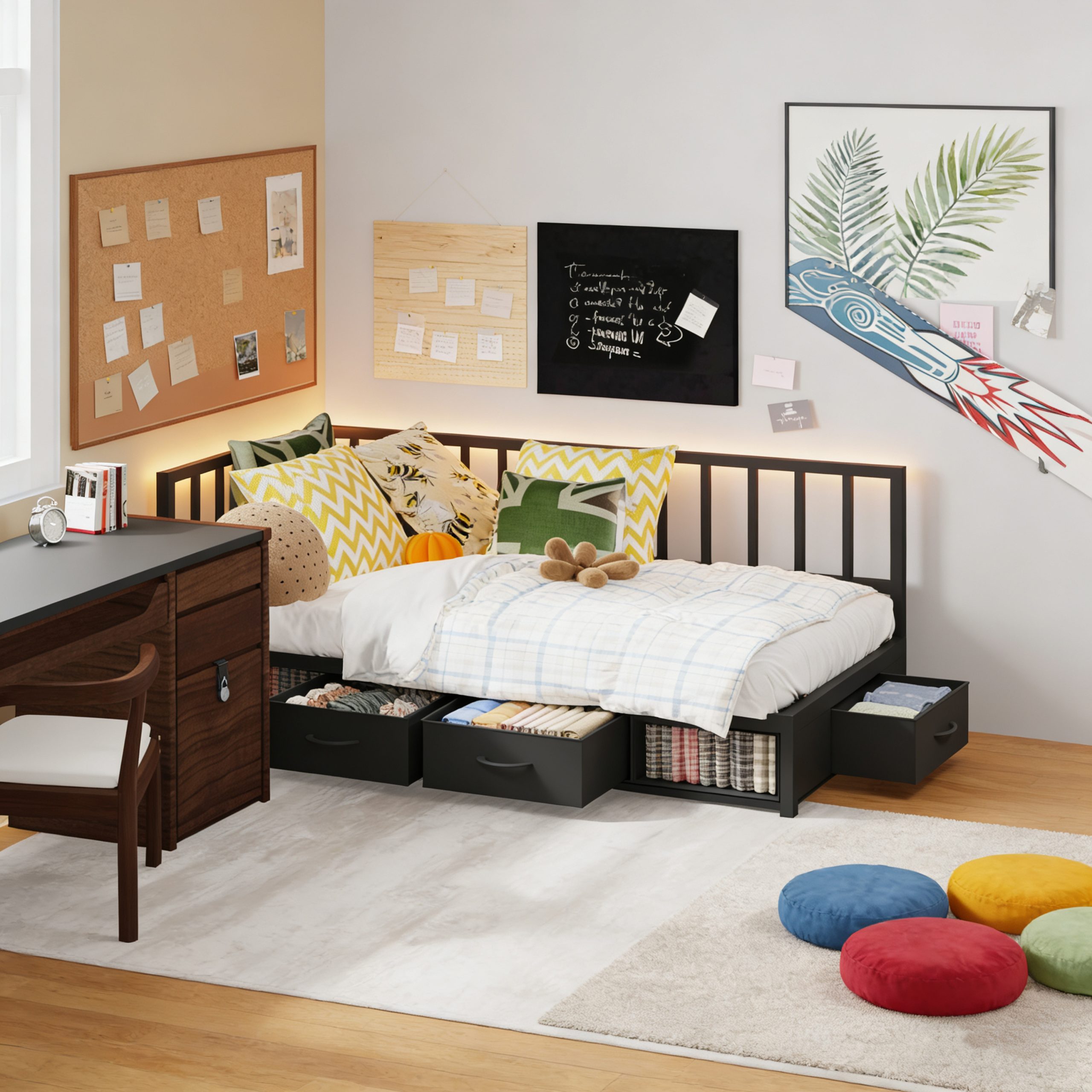 Corner Bed Frame Twin Daybed with Storage Drawers, Metal Platform Bed Frame with LED Light, Black - Image 2