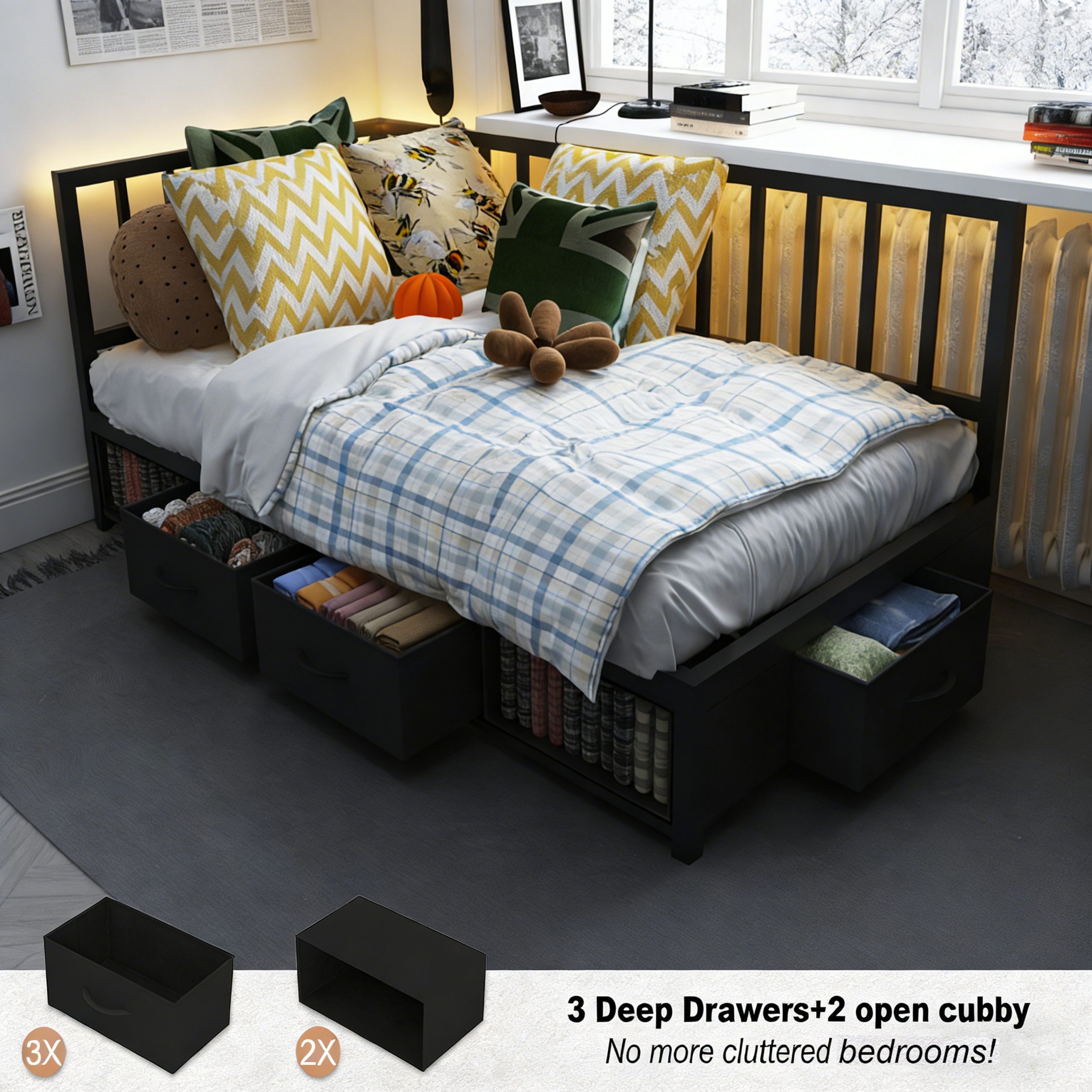 Corner Bed Frame Twin Daybed with Storage Drawers, Metal Platform Bed Frame with LED Light, Black - Image 4
