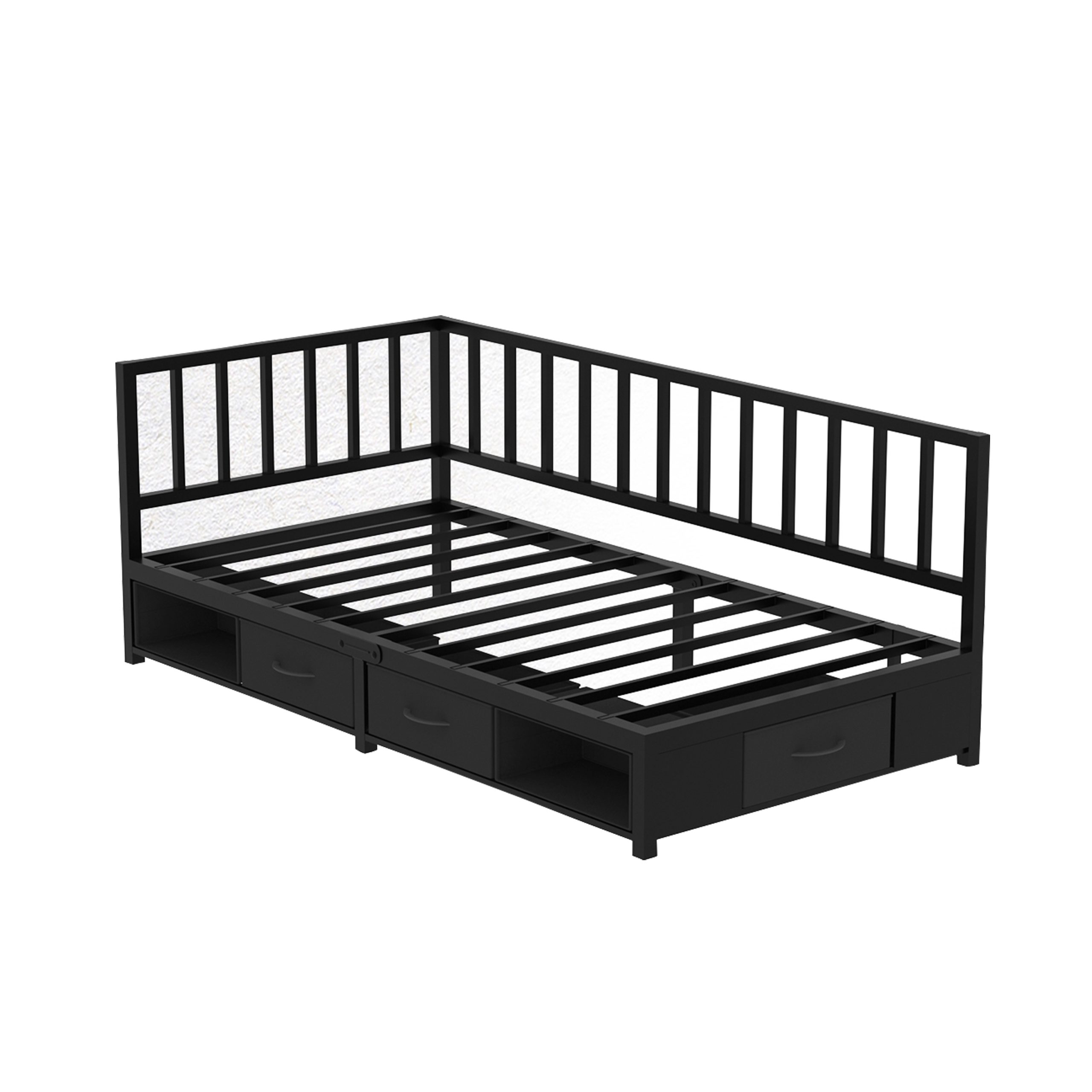 Corner Bed Frame Twin Daybed with Storage Drawers, Metal Platform Bed Frame with LED Light, Black - Image 5