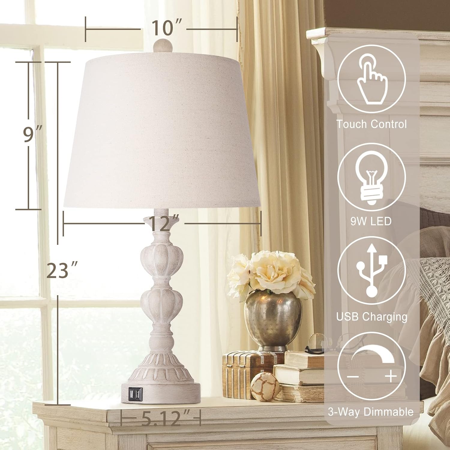 Touch Control Coastal Farmhouse Table Lamp Set of 2, 3-Way Dimmable Bedside Lamp with 2 USB Charging Ports, French Country Style Nightstand Lamp for Living Room, Bedroom - Washed White - Image 2