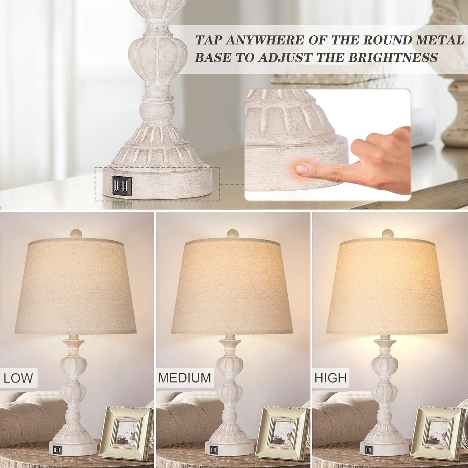 Touch Control Coastal Farmhouse Table Lamp Set of 2, 3-Way Dimmable Bedside Lamp with 2 USB Charging Ports, French Country Style Nightstand Lamp for Living Room, Bedroom - Washed White - Image 3