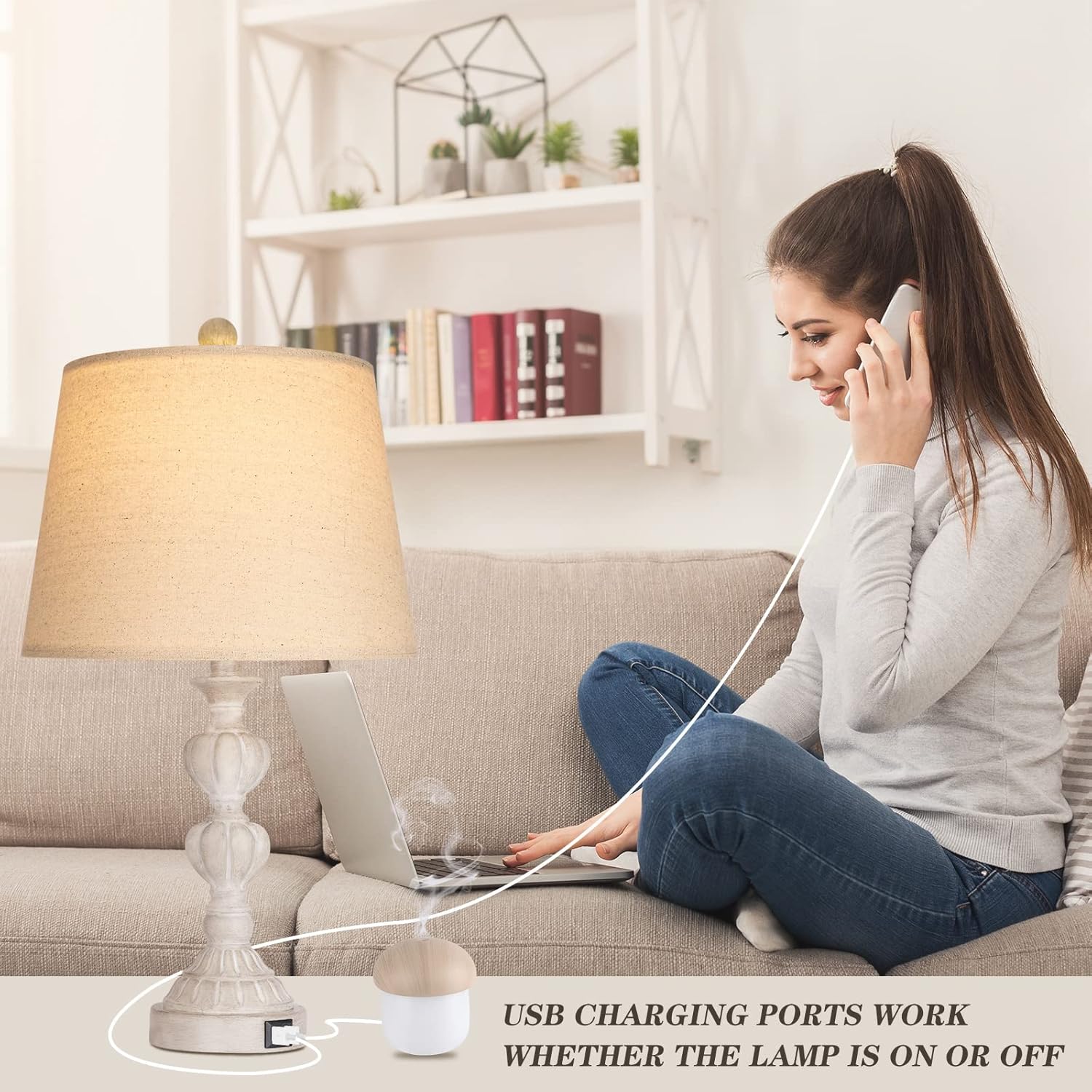 Touch Control Coastal Farmhouse Table Lamp Set of 2, 3-Way Dimmable Bedside Lamp with 2 USB Charging Ports, French Country Style Nightstand Lamp for Living Room, Bedroom - Washed White - Image 5